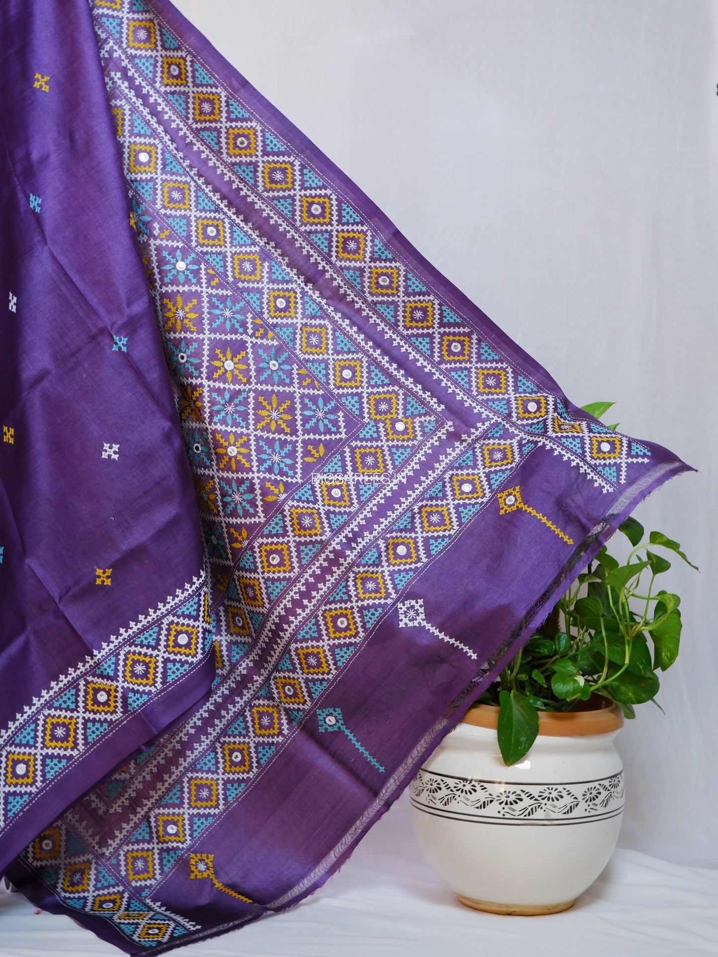 Kutchi Hand Embroidered Saree | Gachi Tassar Silk | Silk Marked | Purple