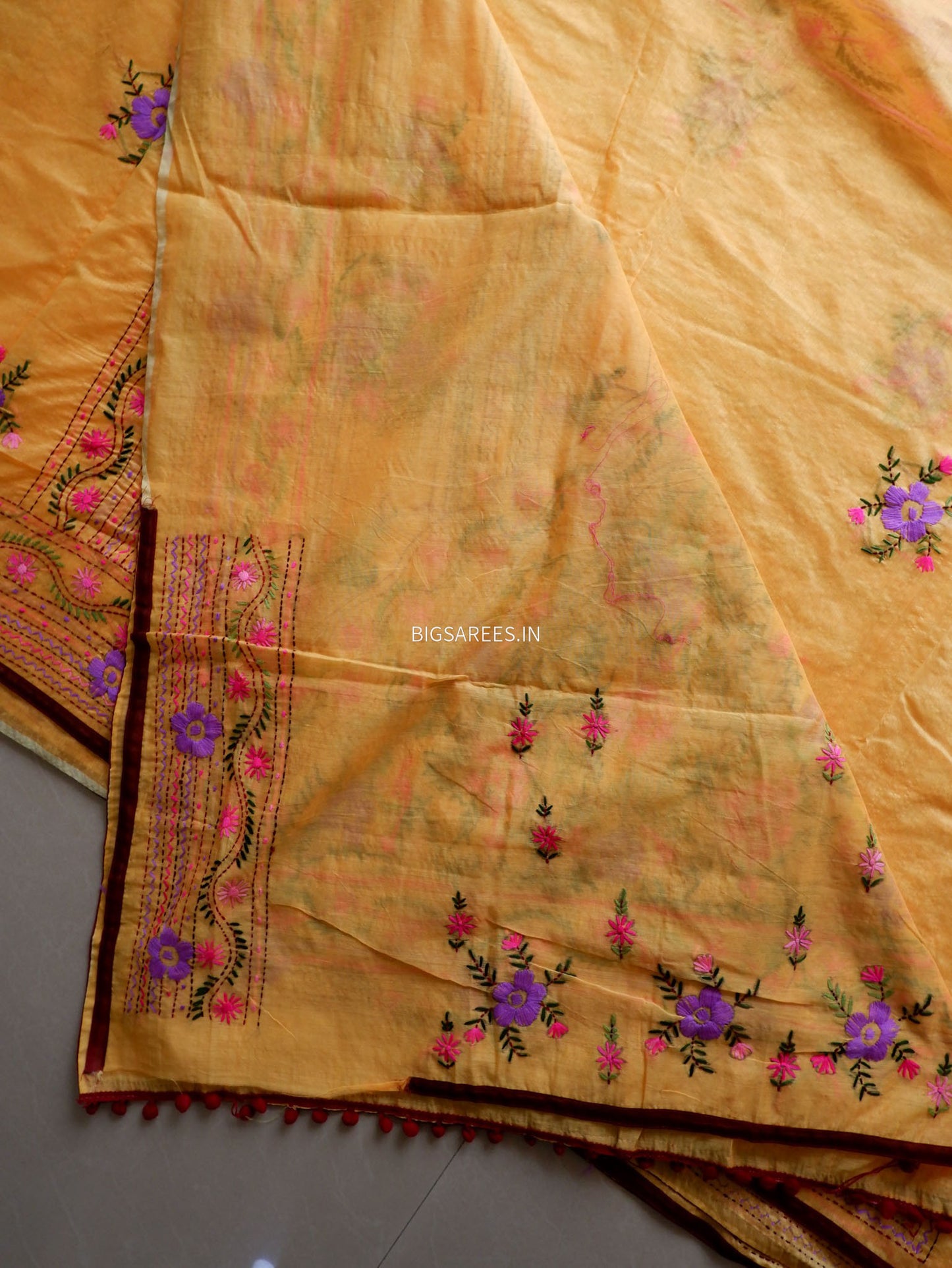 Phulkari Hand-Embroidered Saree | Chanderi Silk | Yellow