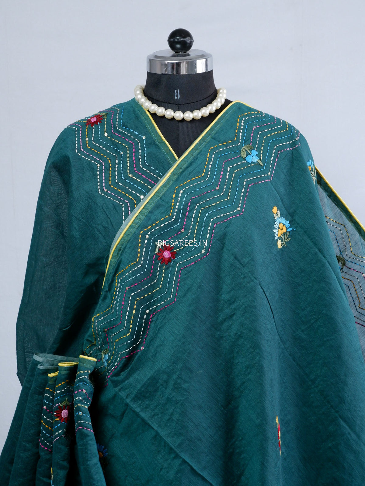 Phulkari Hand-Embroidered Saree | Chanderi Silk | Dark Green