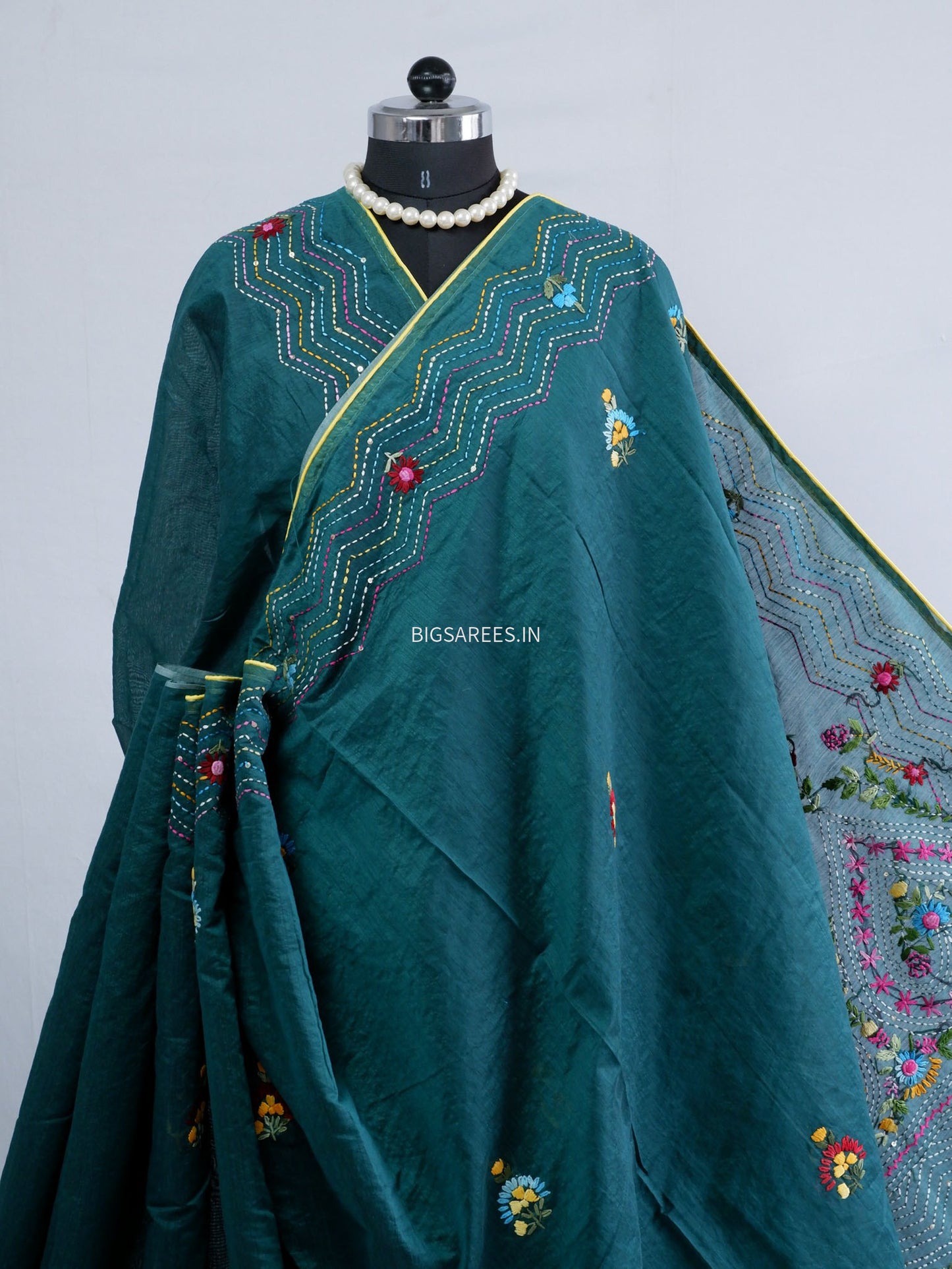 Phulkari Hand-Embroidered Saree | Chanderi Silk | Dark Green