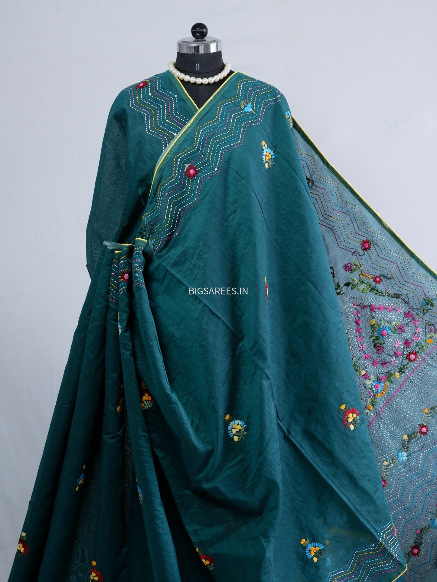 Phulkari Hand-Embroidered Saree | Chanderi Silk | Dark Green