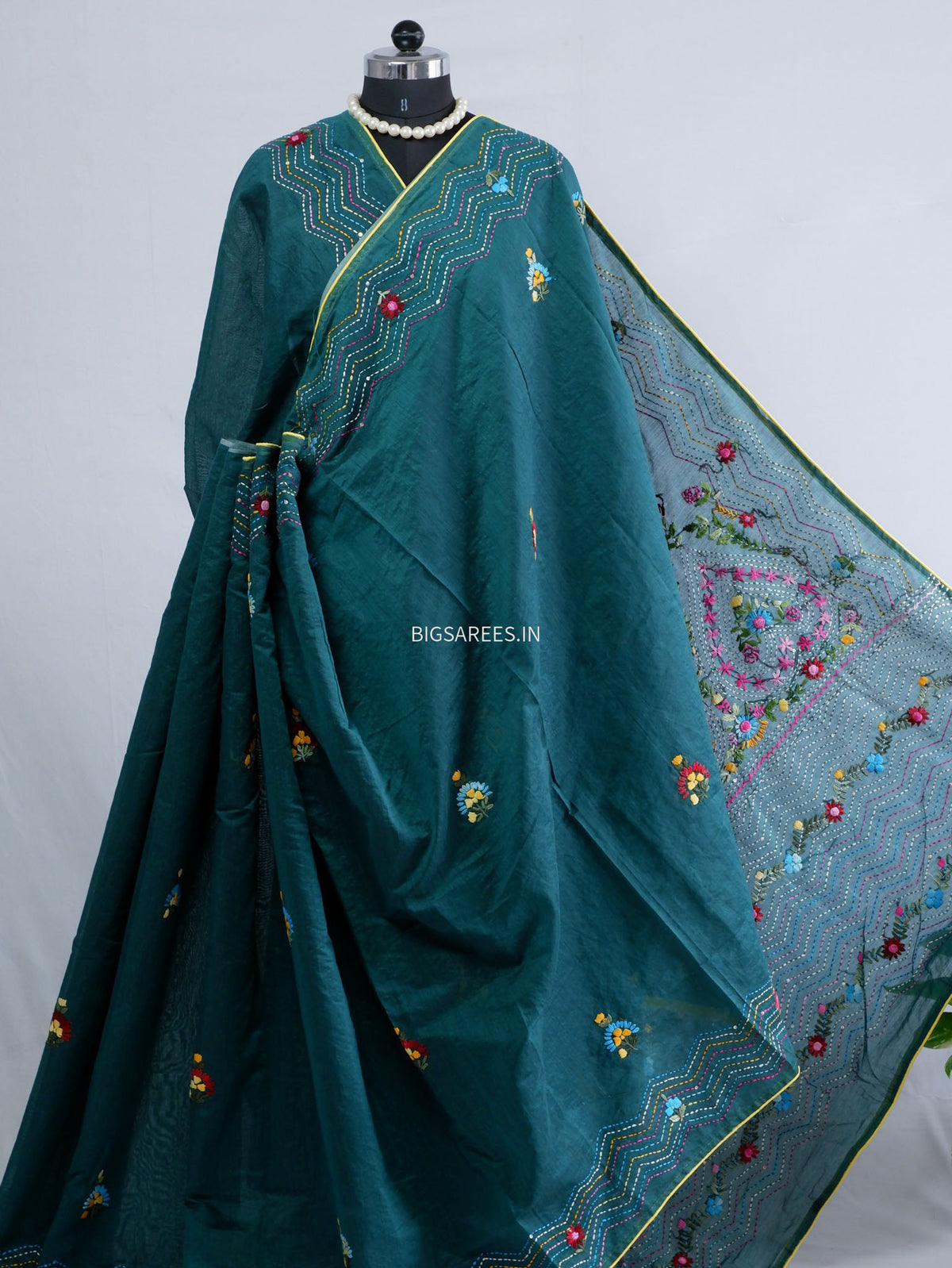 Phulkari Hand-Embroidered Saree | Chanderi Silk | Dark Green