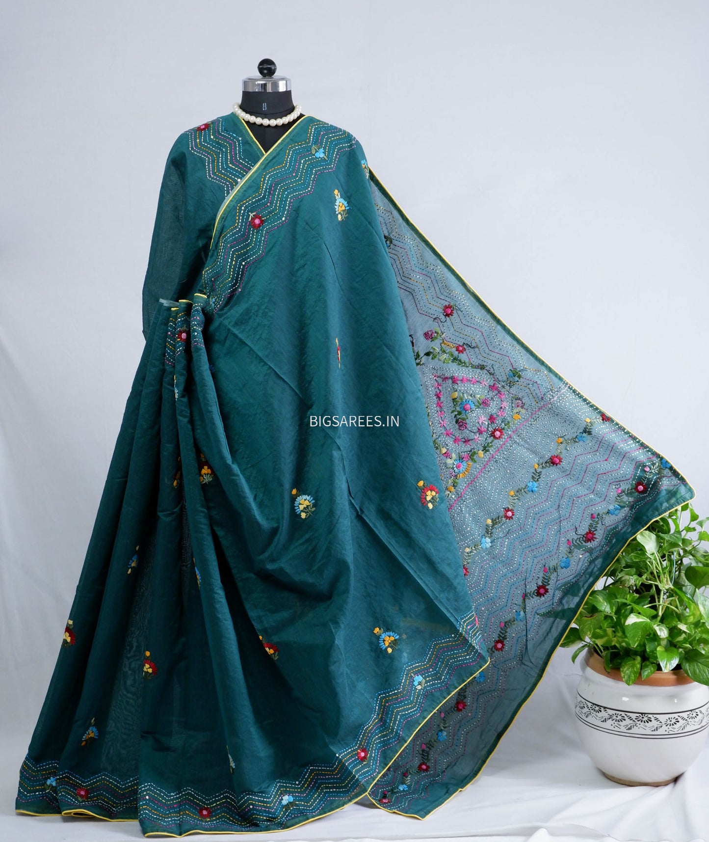Phulkari Hand-Embroidered Saree | Chanderi Silk | Dark Green