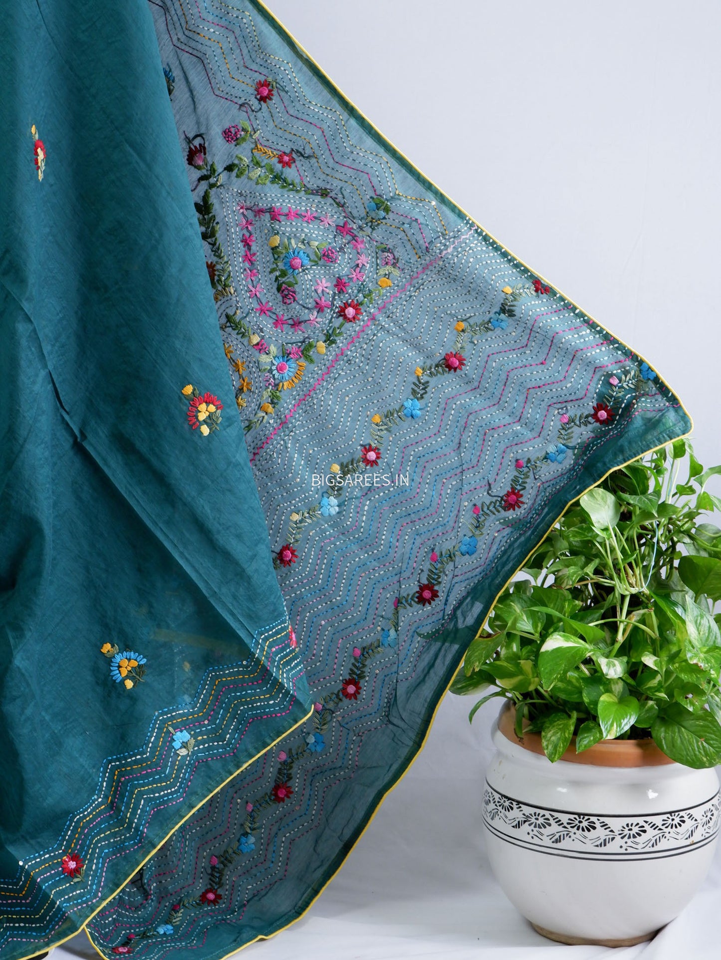 Phulkari Hand-Embroidered Saree | Chanderi Silk | Dark Green