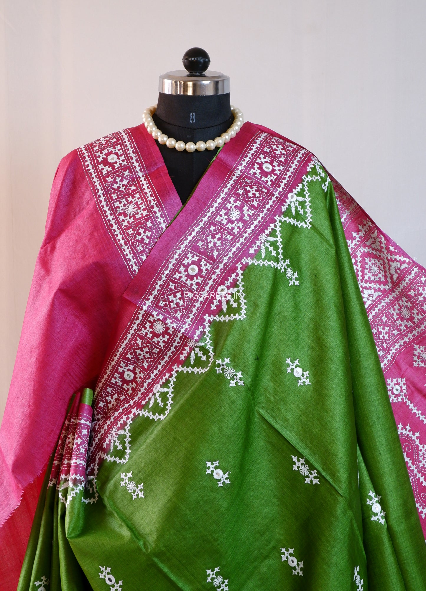 Kutchi Hand Embroidered Saree | Gachi Tassar Silk | Silk Marked | Hot Pink/Green
