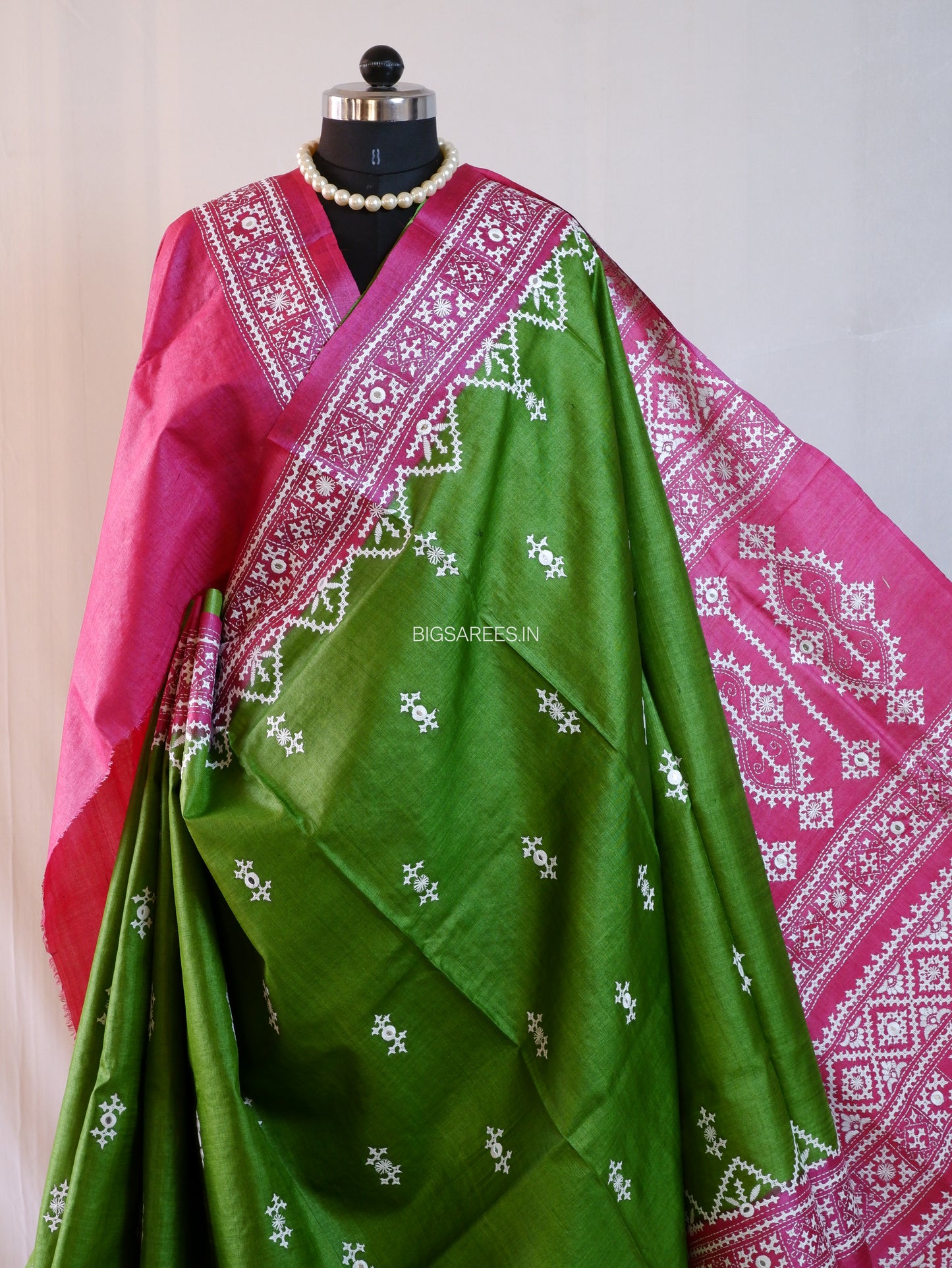 Kutchi Hand Embroidered Saree | Gachi Tassar Silk | Silk Marked | Hot Pink/Green