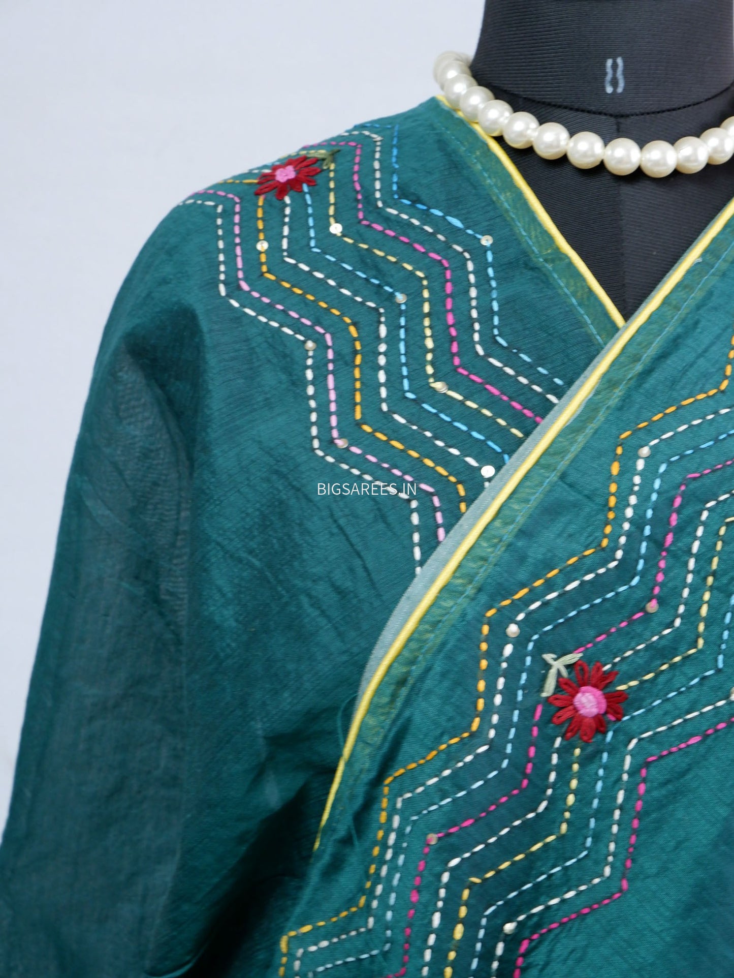 Phulkari Hand-Embroidered Saree | Chanderi Silk | Dark Green