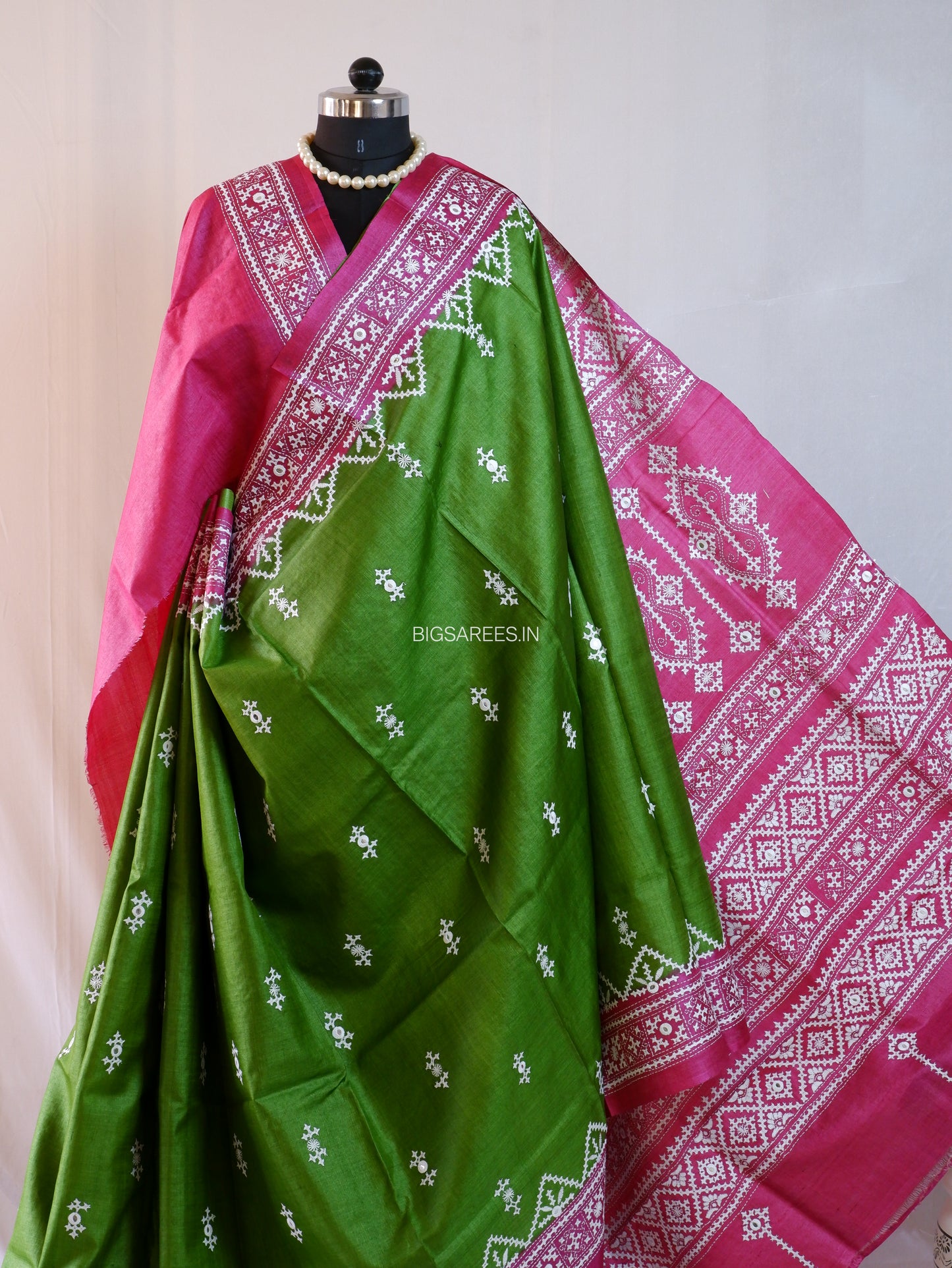 Kutchi Hand Embroidered Saree | Gachi Tassar Silk | Silk Marked | Hot Pink/Green