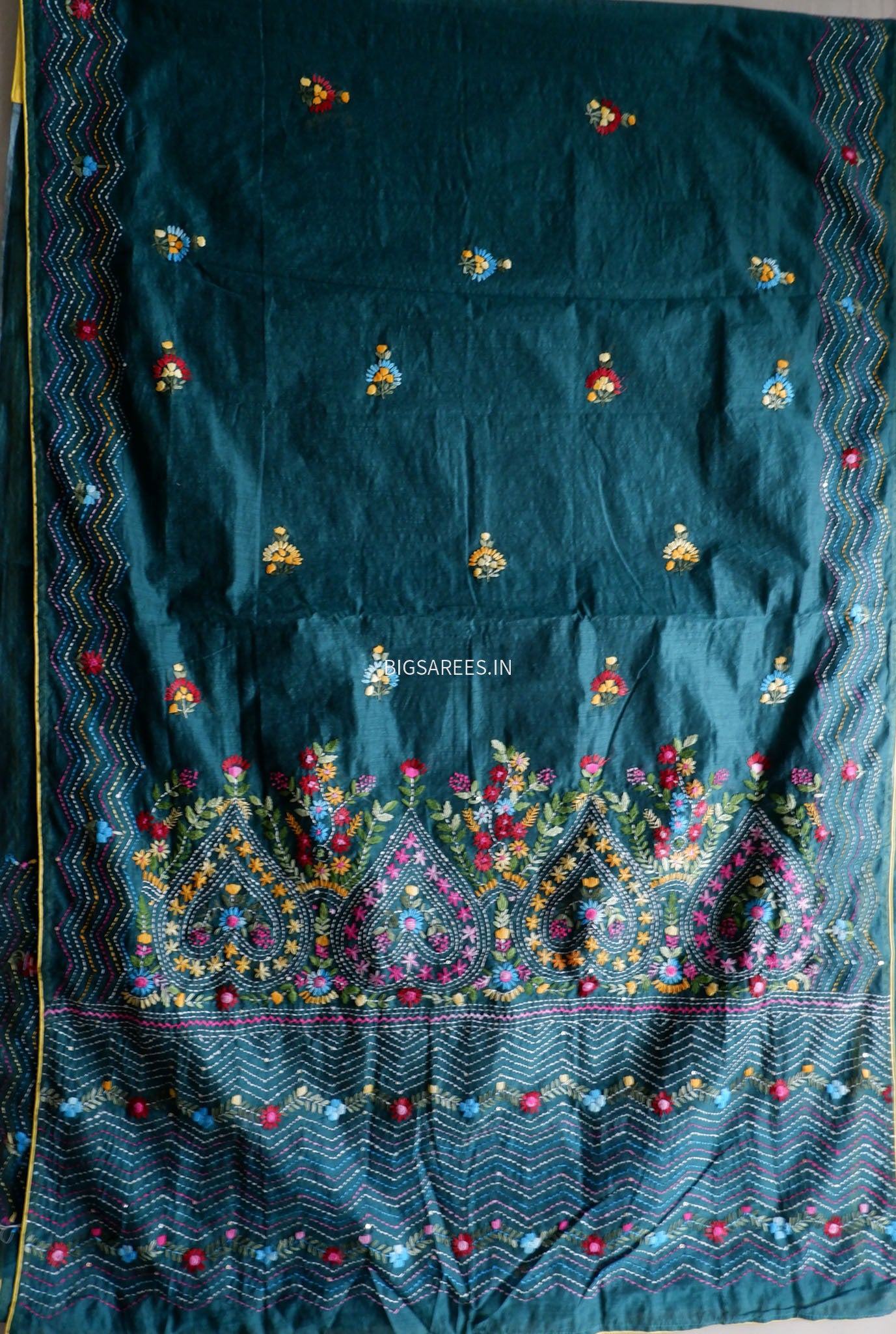 Phulkari Hand-Embroidered Saree | Chanderi Silk | Dark Green
