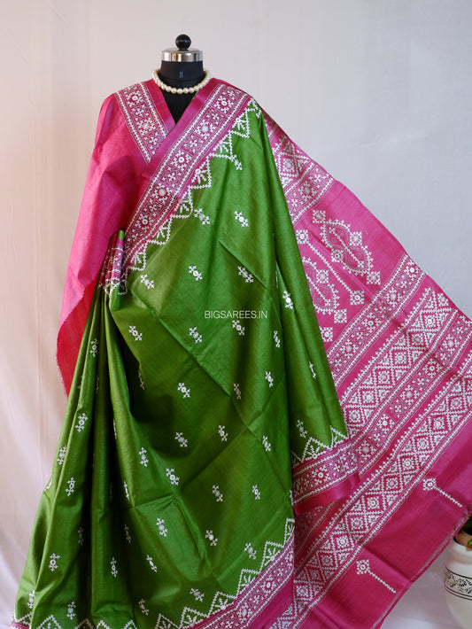 Kutchi Hand Embroidered Saree | Gachi Tassar Silk | Silk Marked | Hot Pink/Green