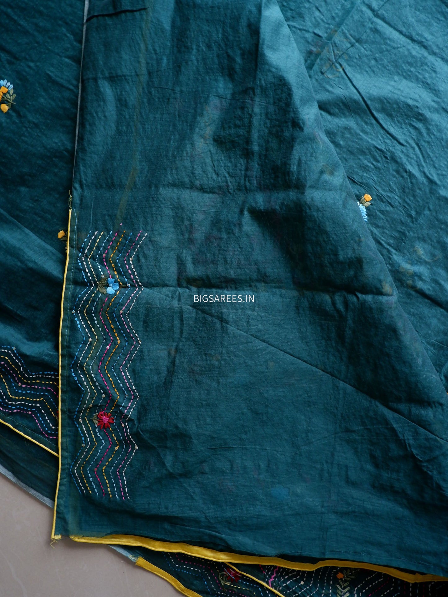 Phulkari Hand-Embroidered Saree | Chanderi Silk | Dark Green