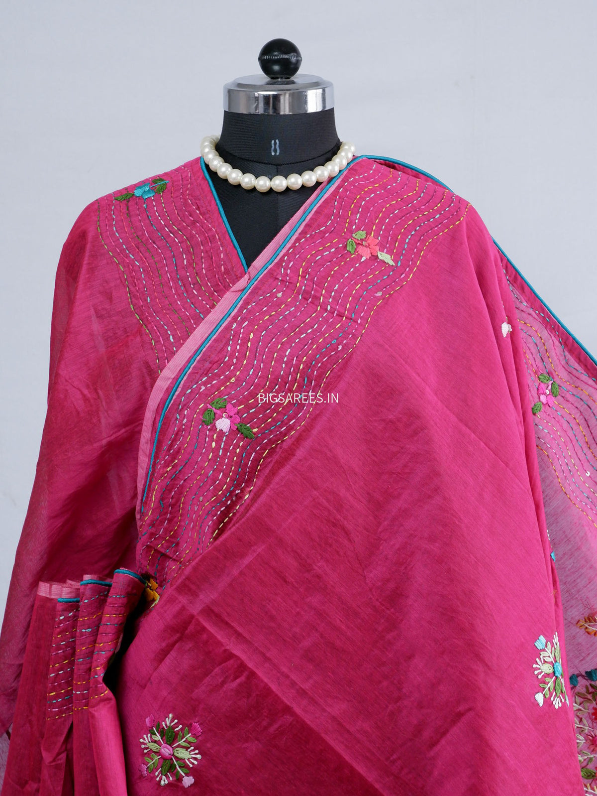 Phulkari Hand-Embroidered Saree | Chanderi Silk | Magenta