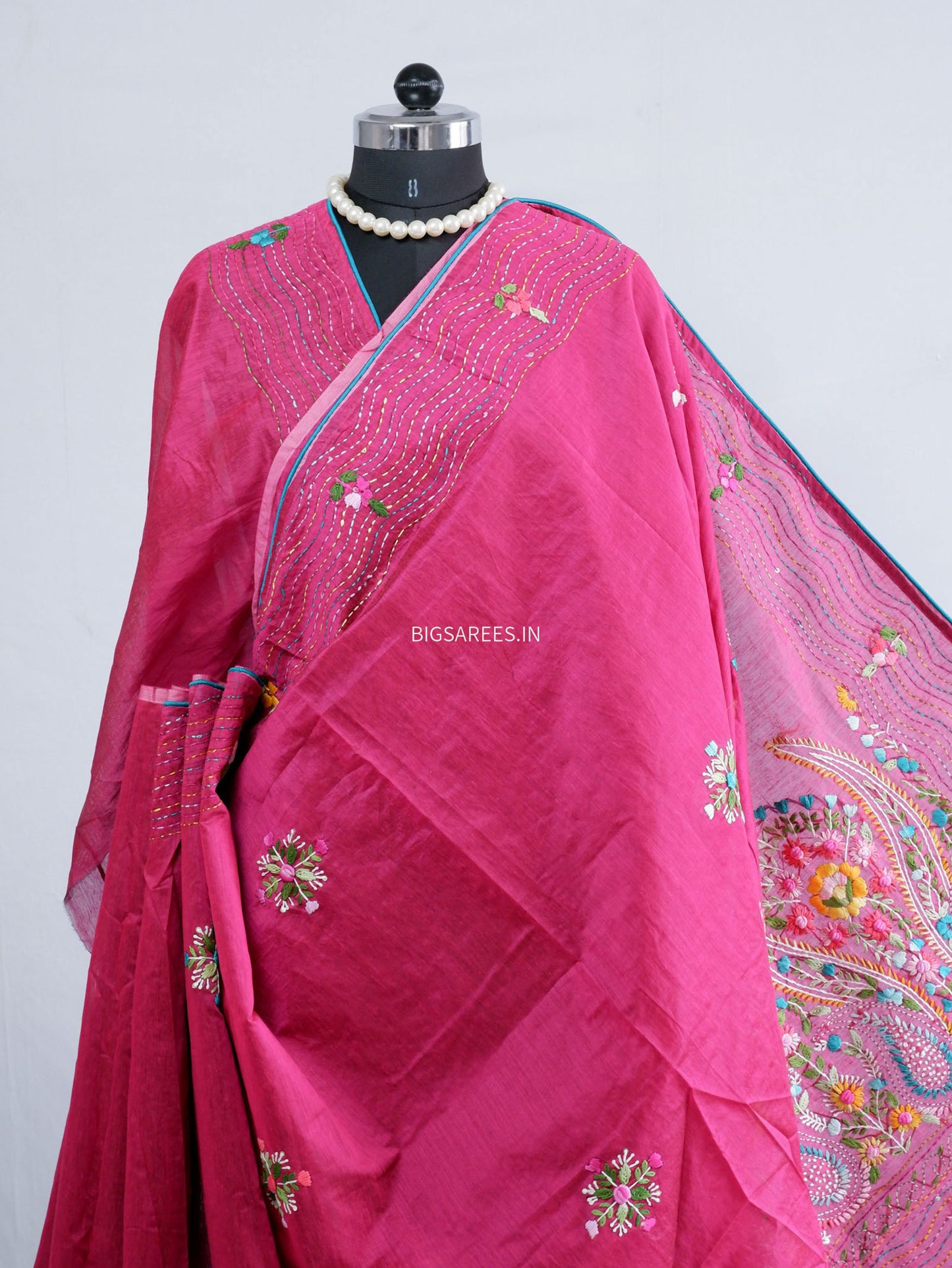 Phulkari Hand-Embroidered Saree | Chanderi Silk | Magenta