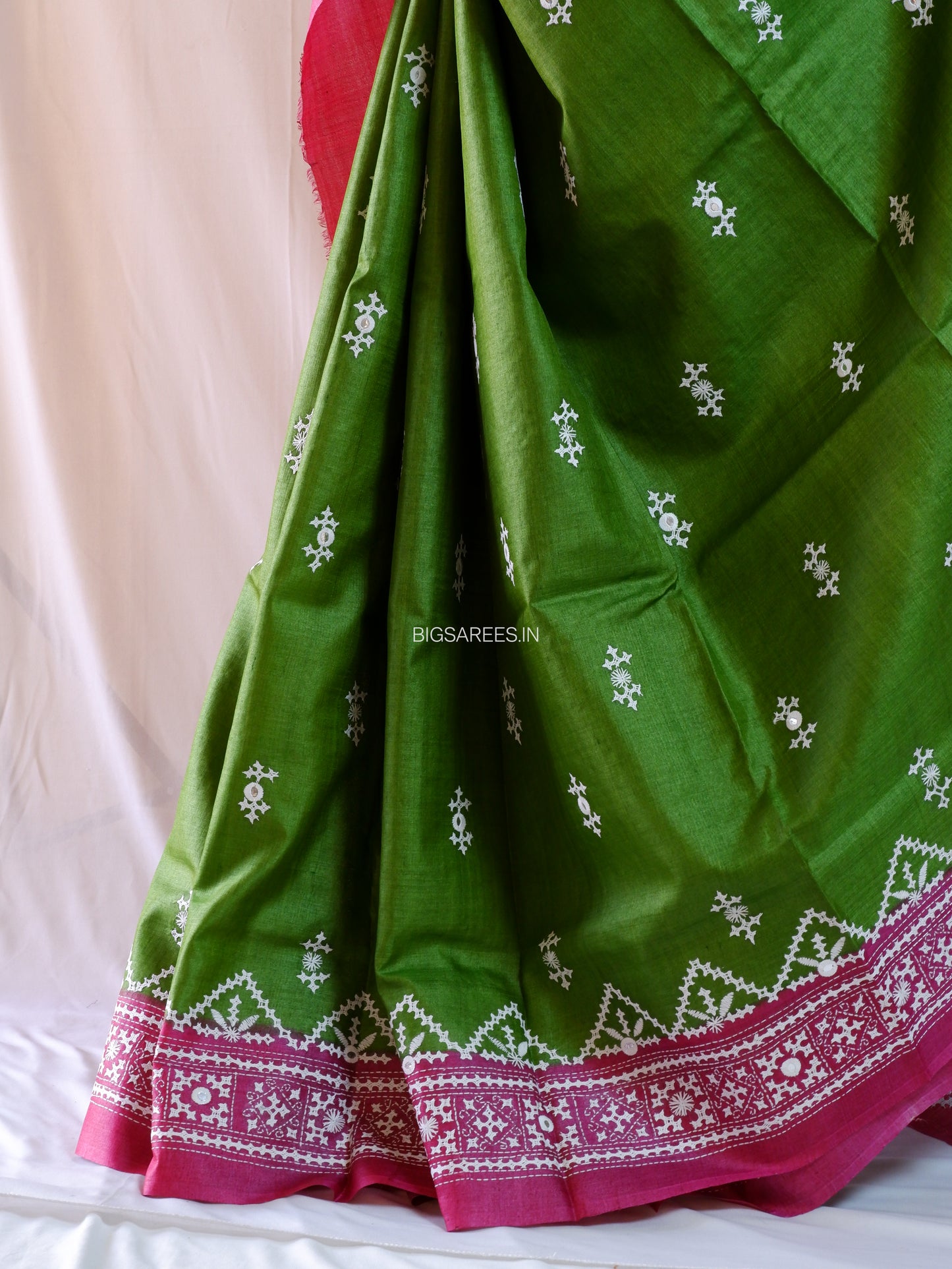 Kutchi Hand Embroidered Saree | Gachi Tassar Silk | Silk Marked | Hot Pink/Green