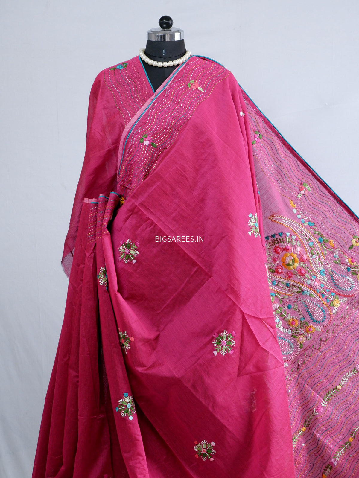 Phulkari Hand-Embroidered Saree | Chanderi Silk | Magenta