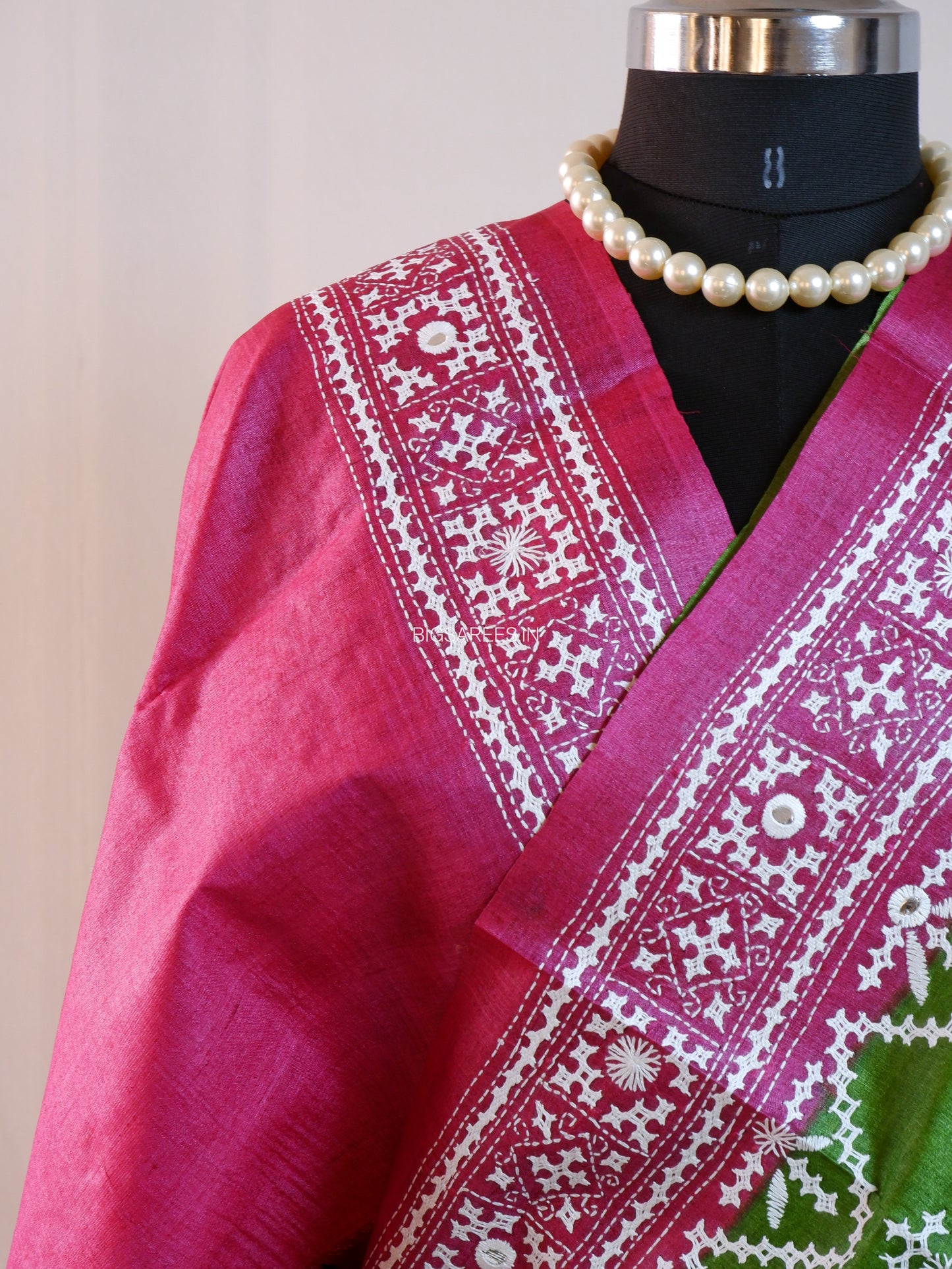 Kutchi Hand Embroidered Saree | Gachi Tassar Silk | Silk Marked | Hot Pink/Green