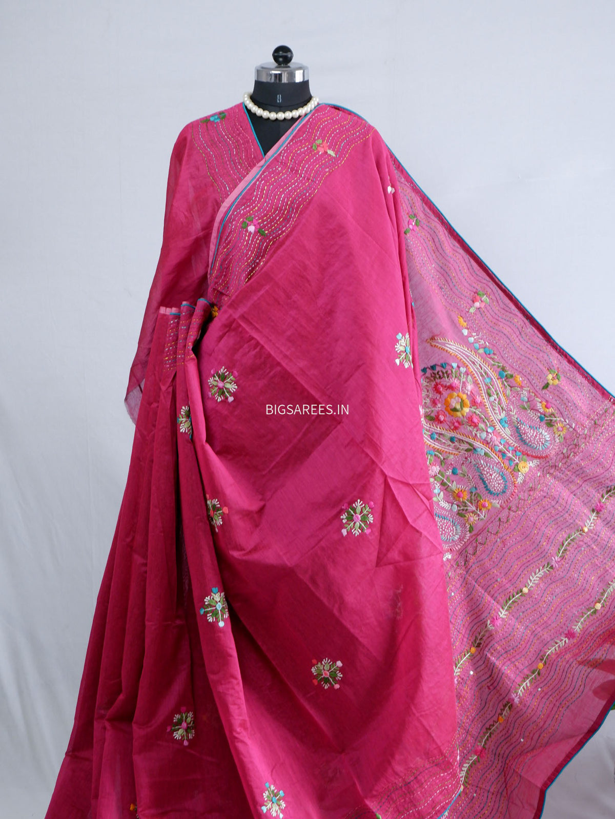 Phulkari Hand-Embroidered Saree | Chanderi Silk | Magenta