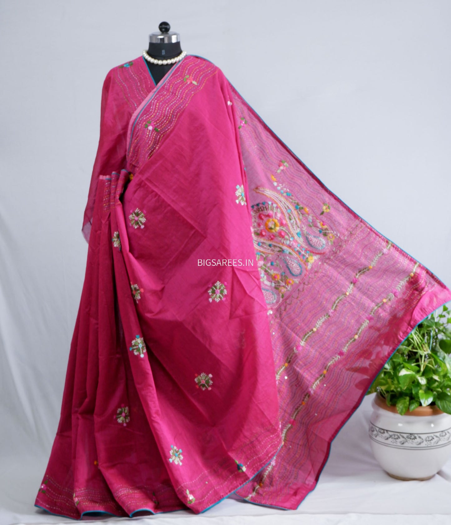 Phulkari Hand-Embroidered Saree | Chanderi Silk | Magenta