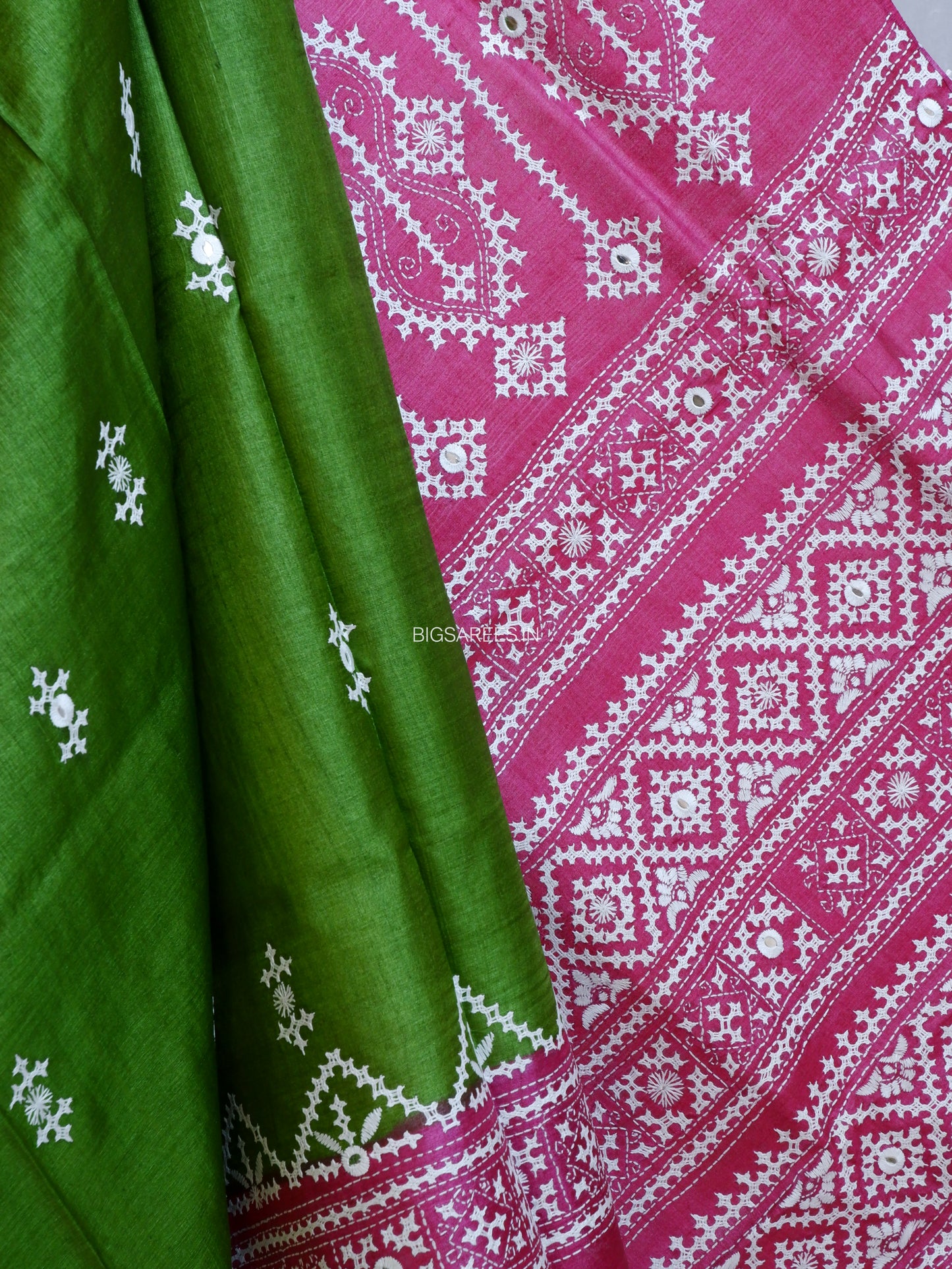 Kutchi Hand Embroidered Saree | Gachi Tassar Silk | Silk Marked | Hot Pink/Green