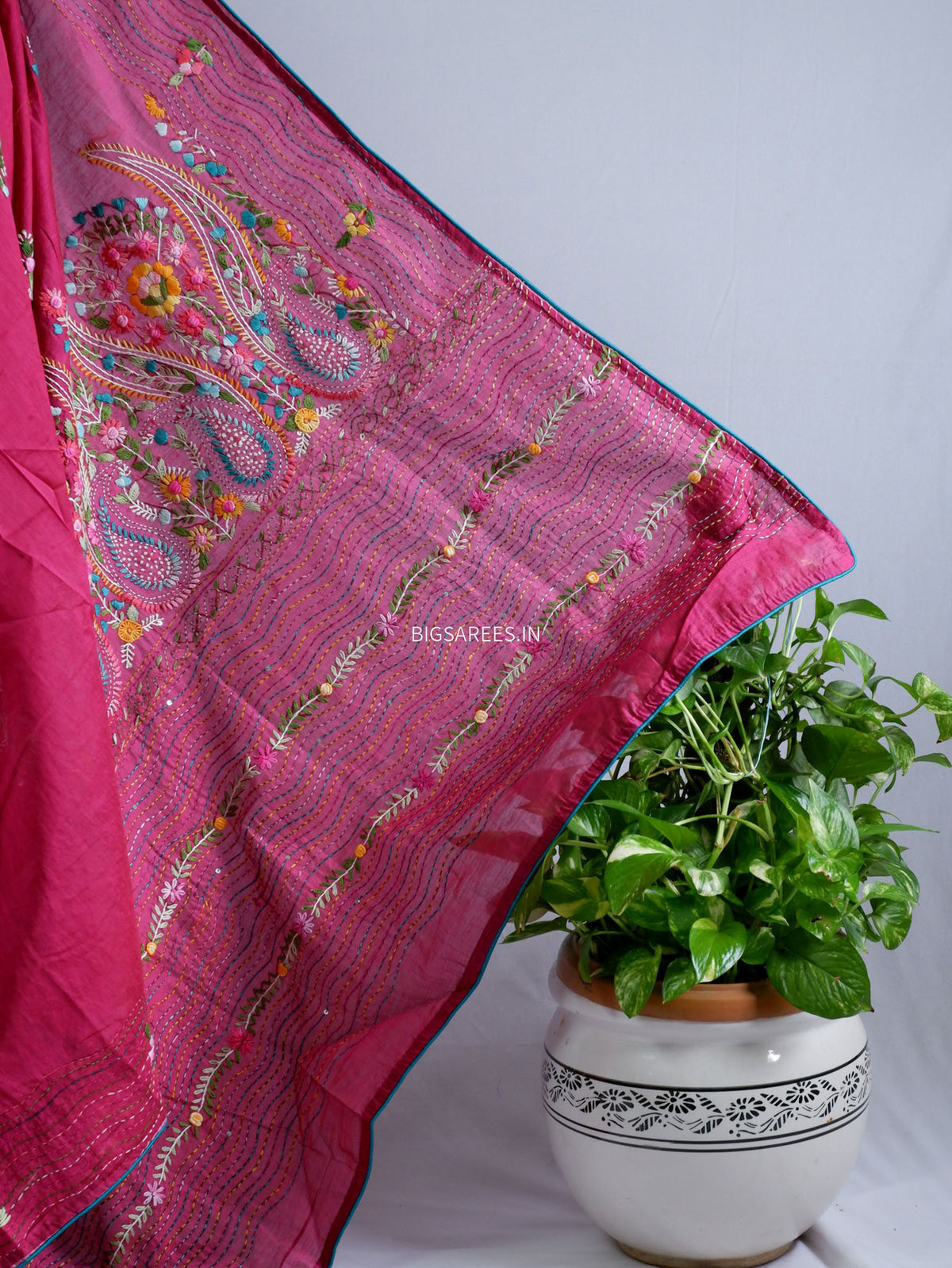 Phulkari Hand-Embroidered Saree | Chanderi Silk | Magenta