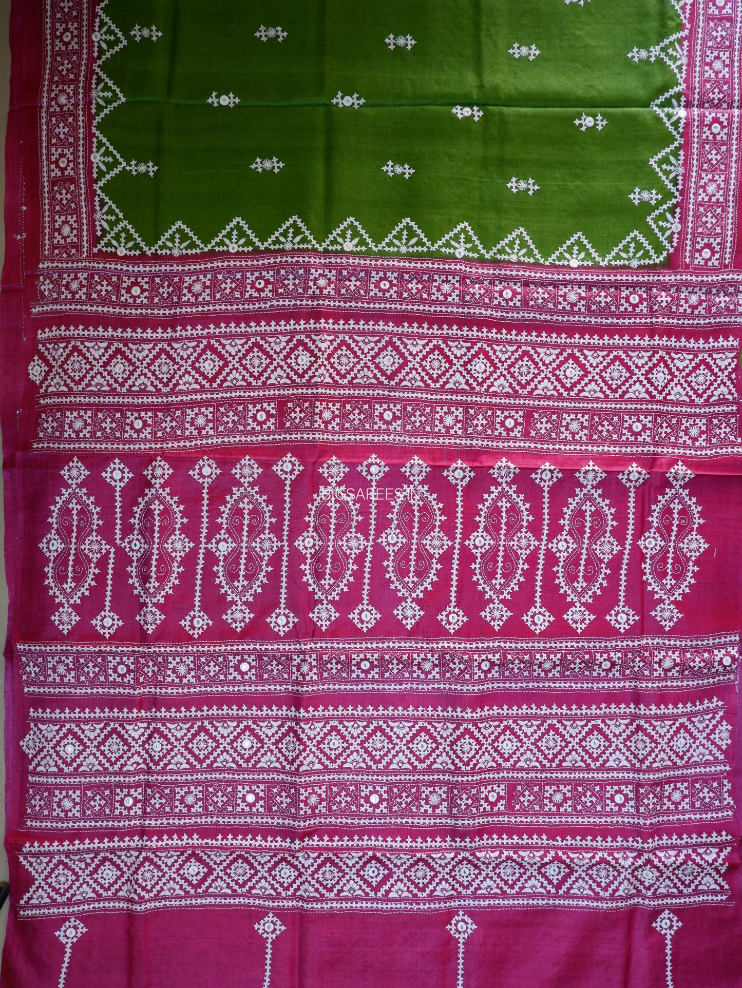 Kutchi Hand Embroidered Saree | Gachi Tassar Silk | Silk Marked | Hot Pink/Green
