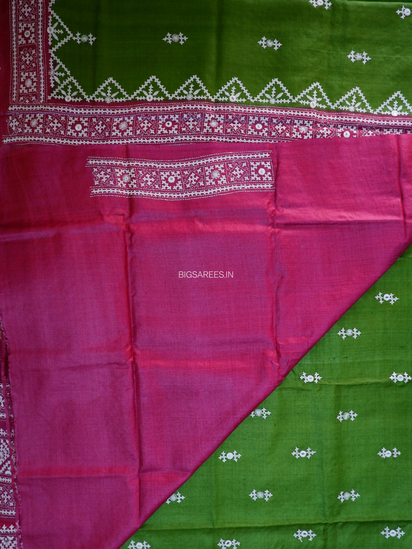 Kutchi Hand Embroidered Saree | Gachi Tassar Silk | Silk Marked | Hot Pink/Green