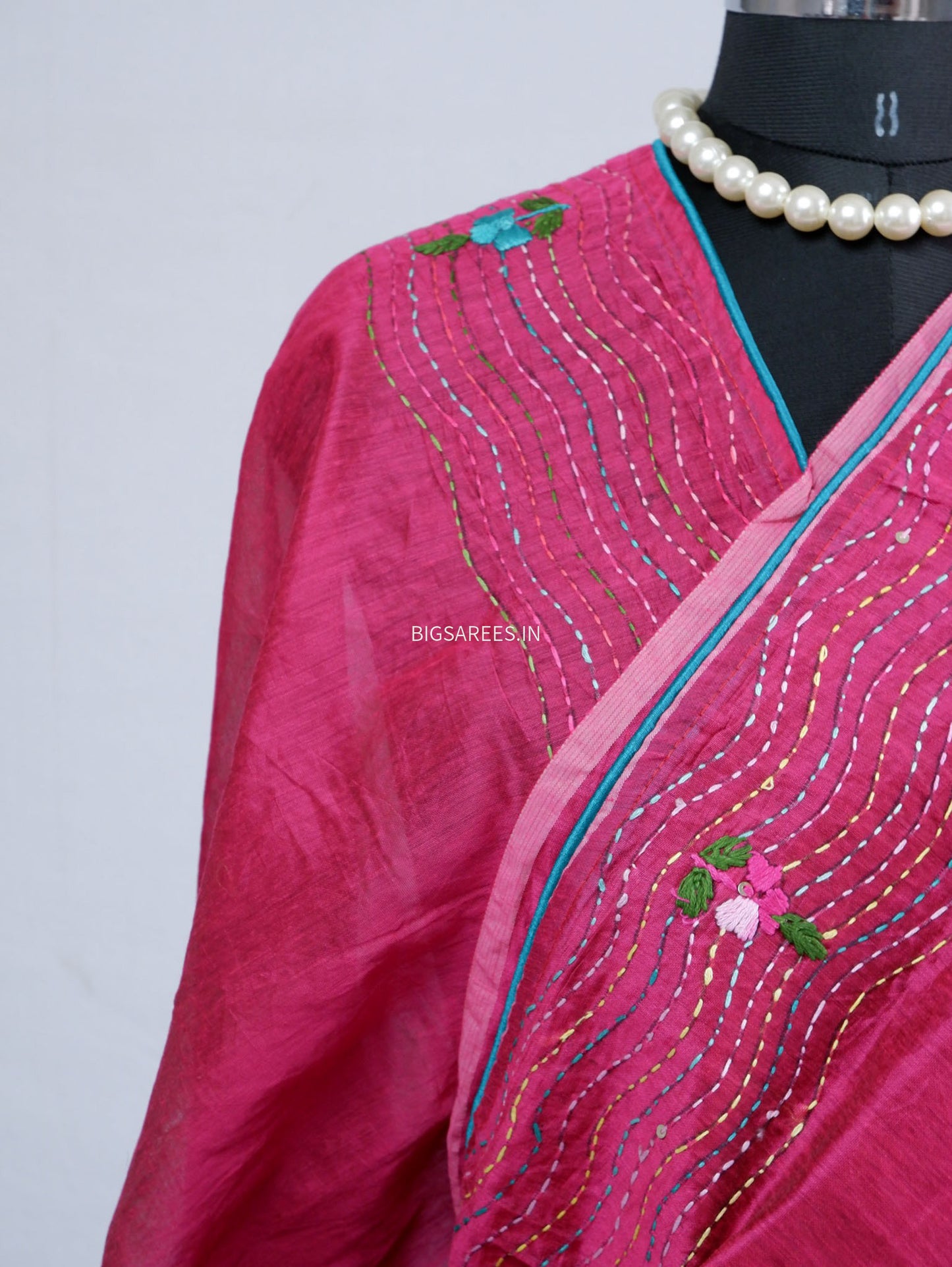 Phulkari Hand-Embroidered Saree | Chanderi Silk | Magenta