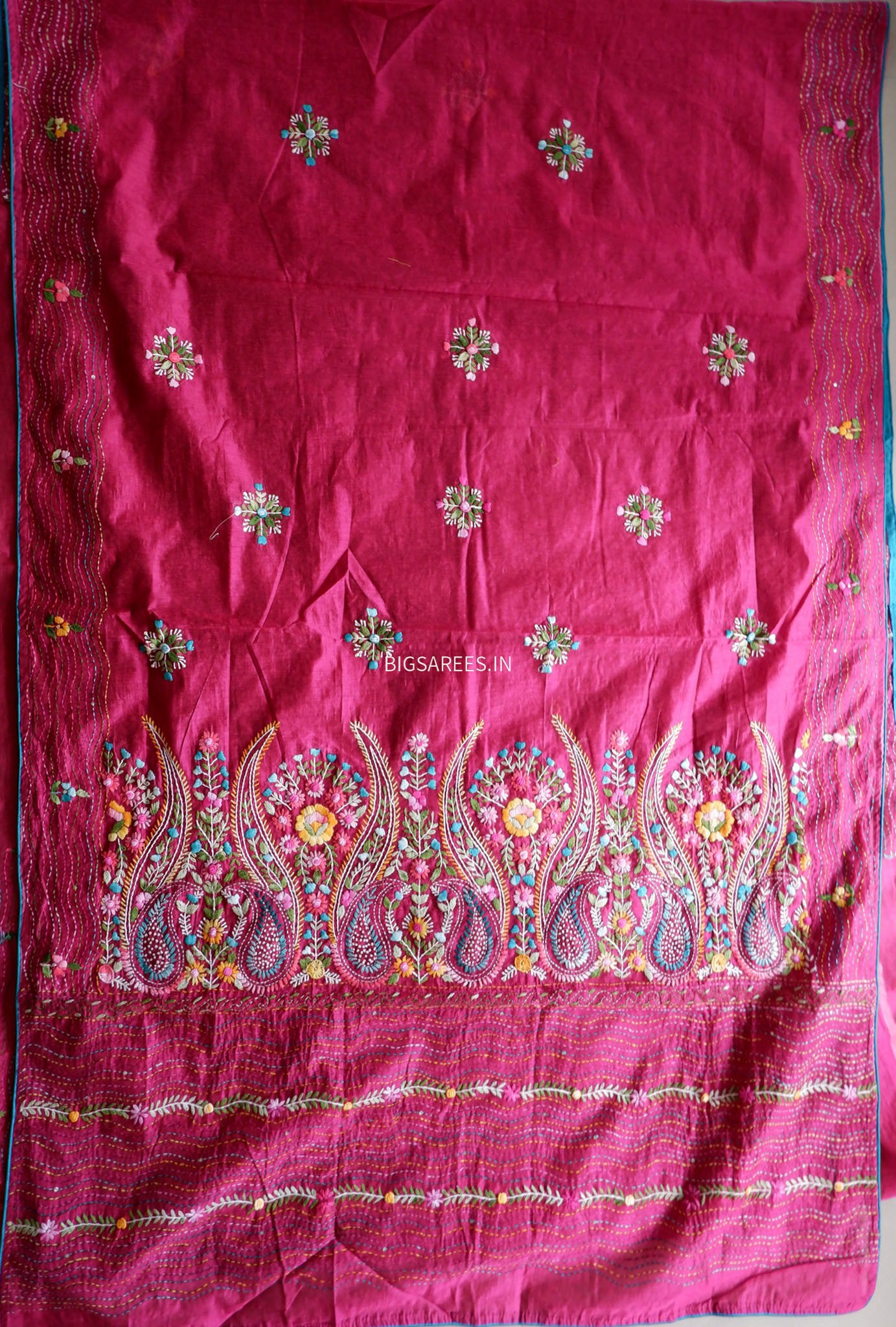 Phulkari Hand-Embroidered Saree | Chanderi Silk | Magenta