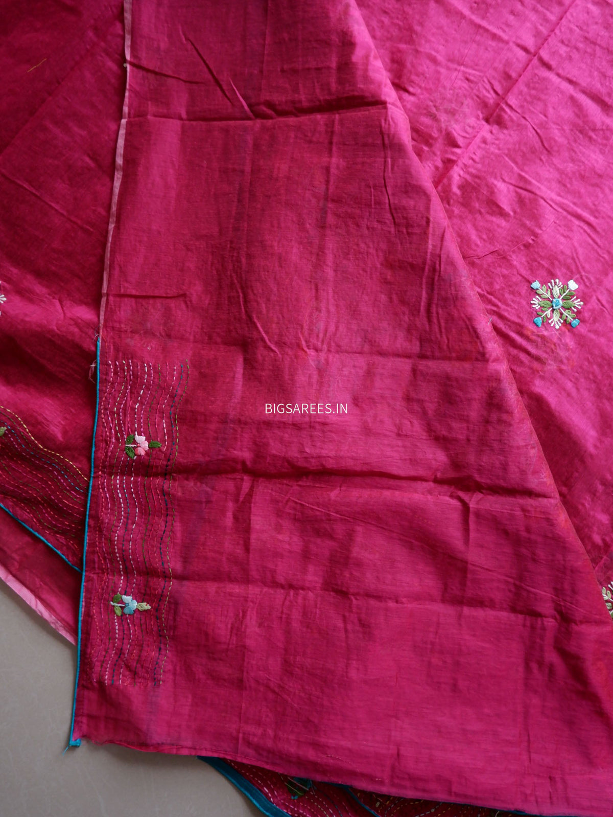 Phulkari Hand-Embroidered Saree | Chanderi Silk | Magenta