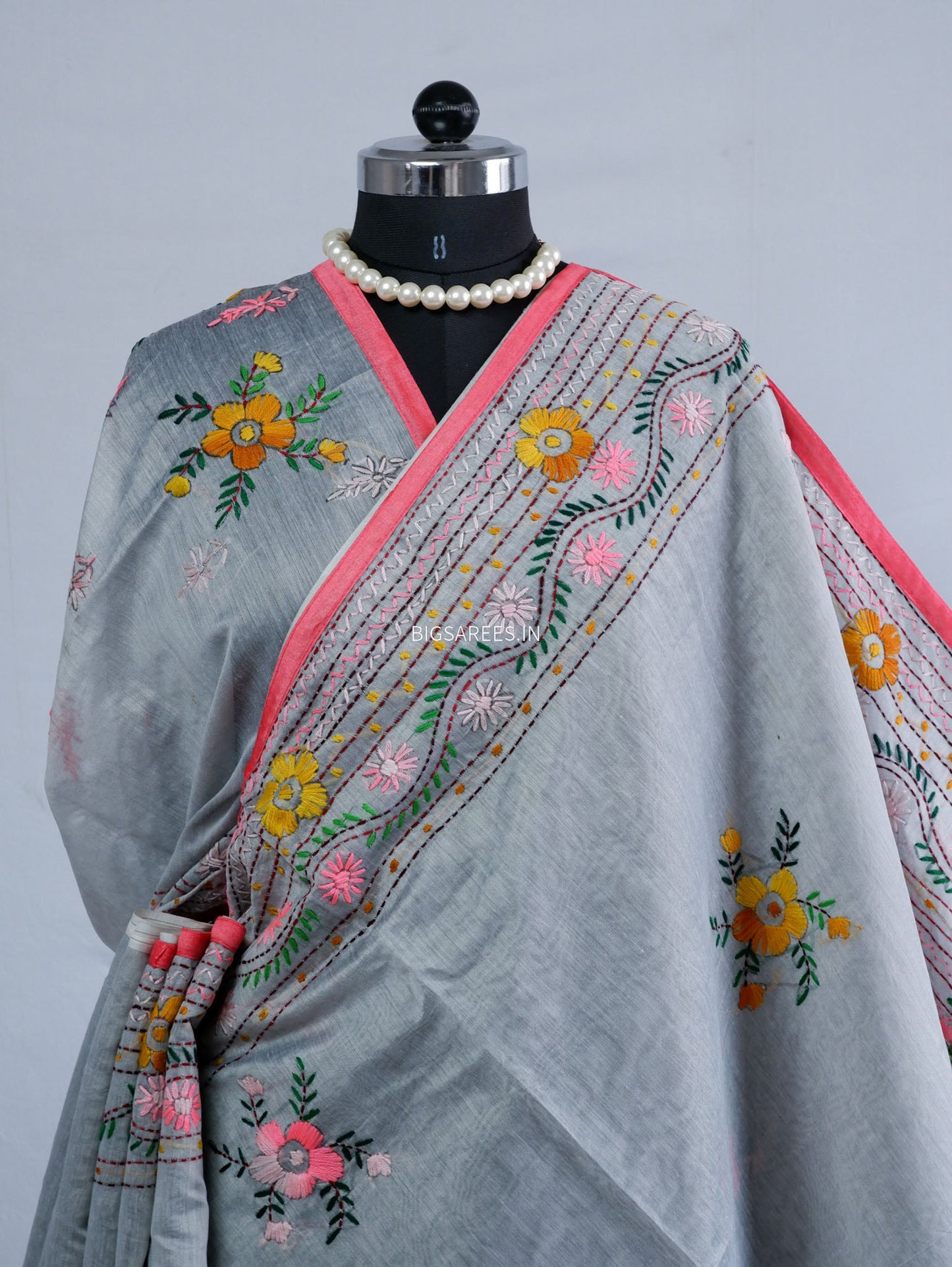 Phulkari Hand-Embroidered Saree | Chanderi Silk | Grey