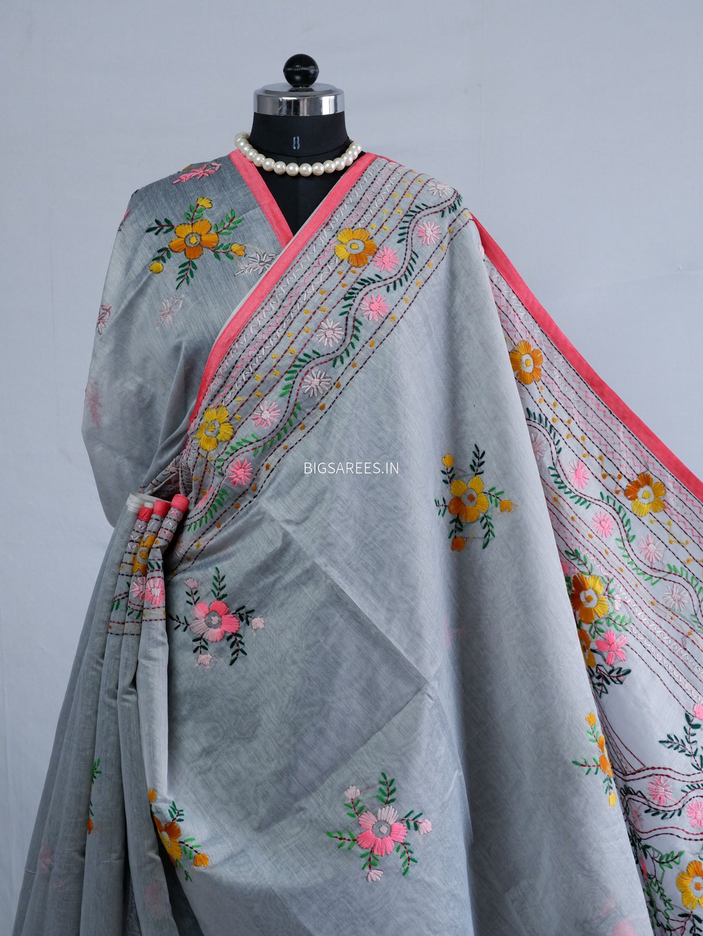 Phulkari Hand-Embroidered Saree | Chanderi Silk | Grey