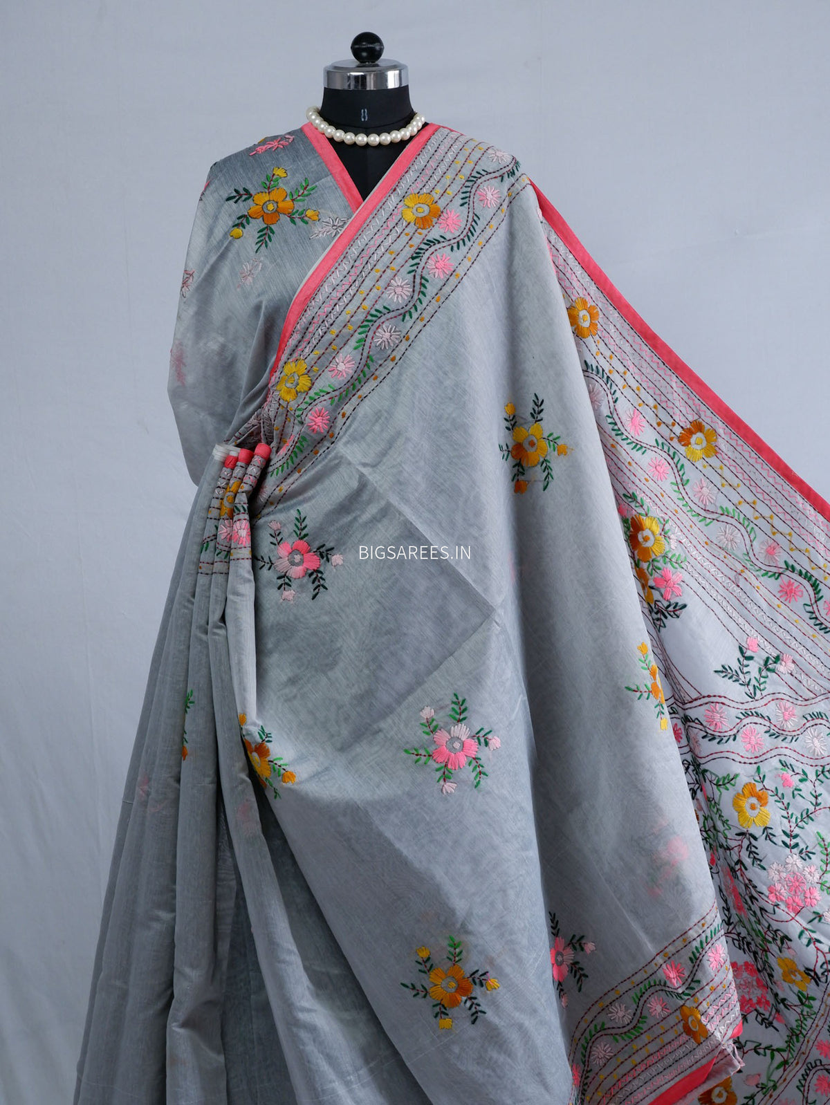 Phulkari Hand-Embroidered Saree | Chanderi Silk | Grey