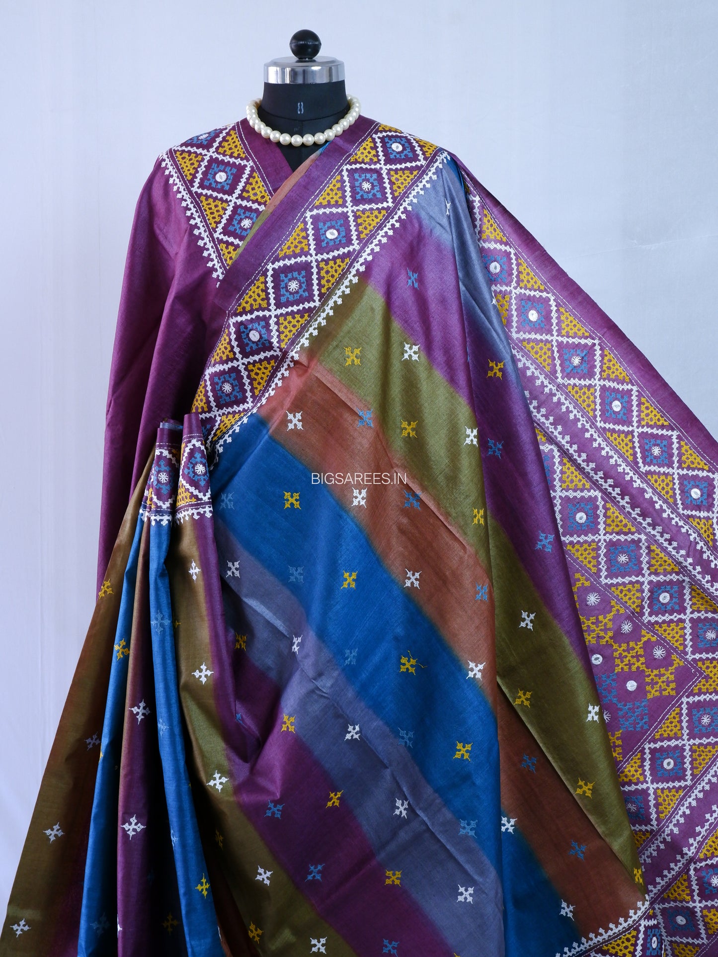 Kutchi Hand Embroidered Saree | Pure Tassar Silk | Silk Marked | Multicolor