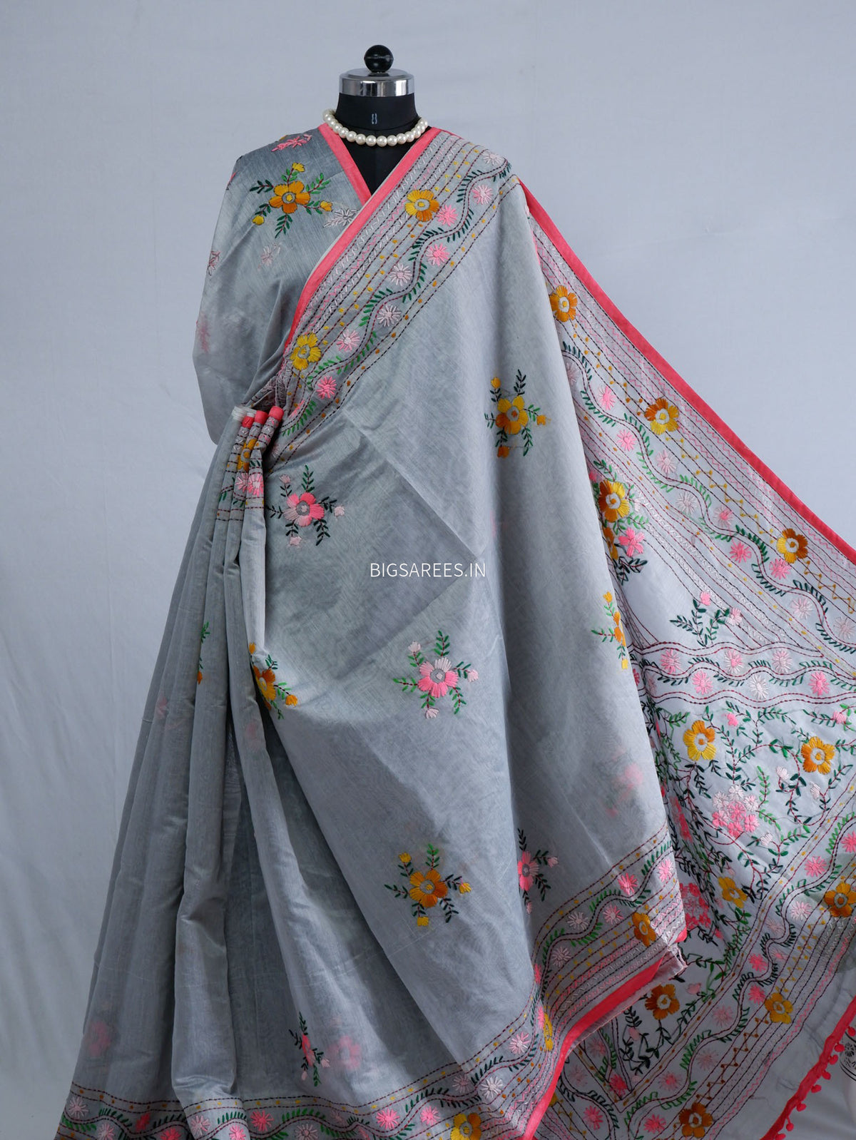Phulkari Hand-Embroidered Saree | Chanderi Silk | Grey