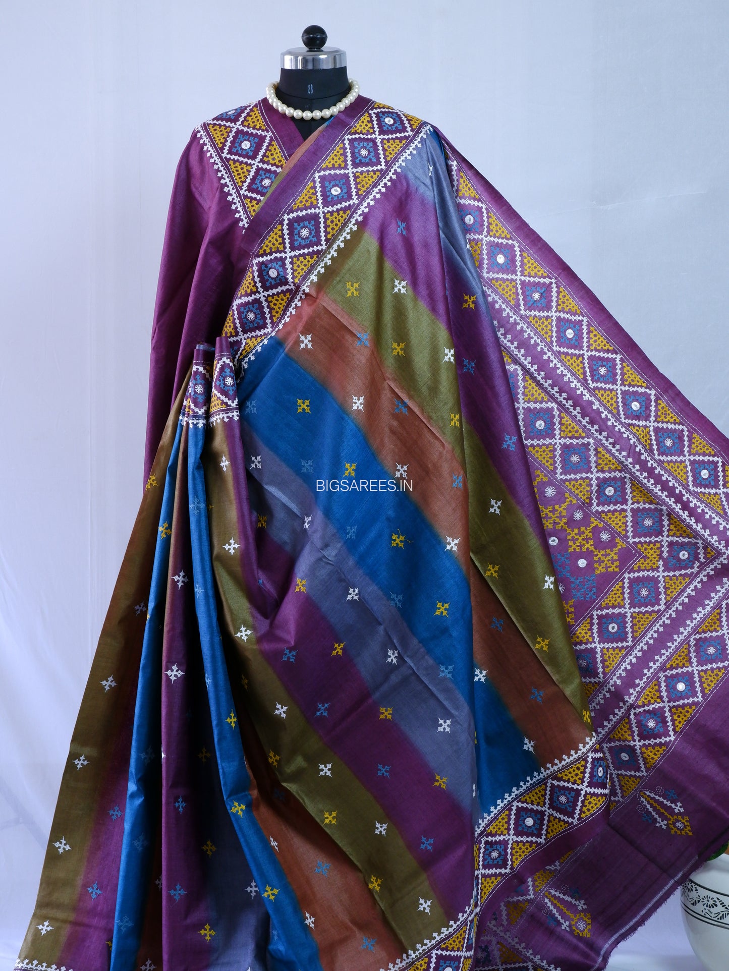 Kutchi Hand Embroidered Saree | Pure Tassar Silk | Silk Marked | Multicolor