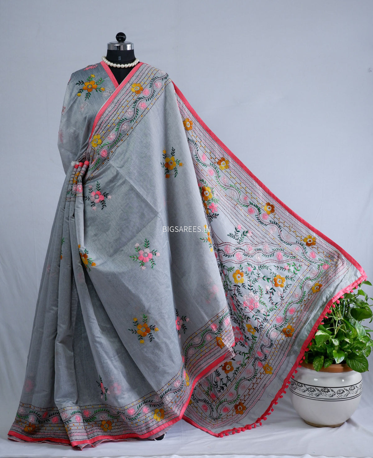 Phulkari Hand-Embroidered Saree | Chanderi Silk | Grey