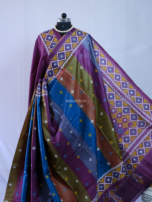 Kutchi Hand Embroidered Saree | Pure Tassar Silk | Silk Marked | Multicolor