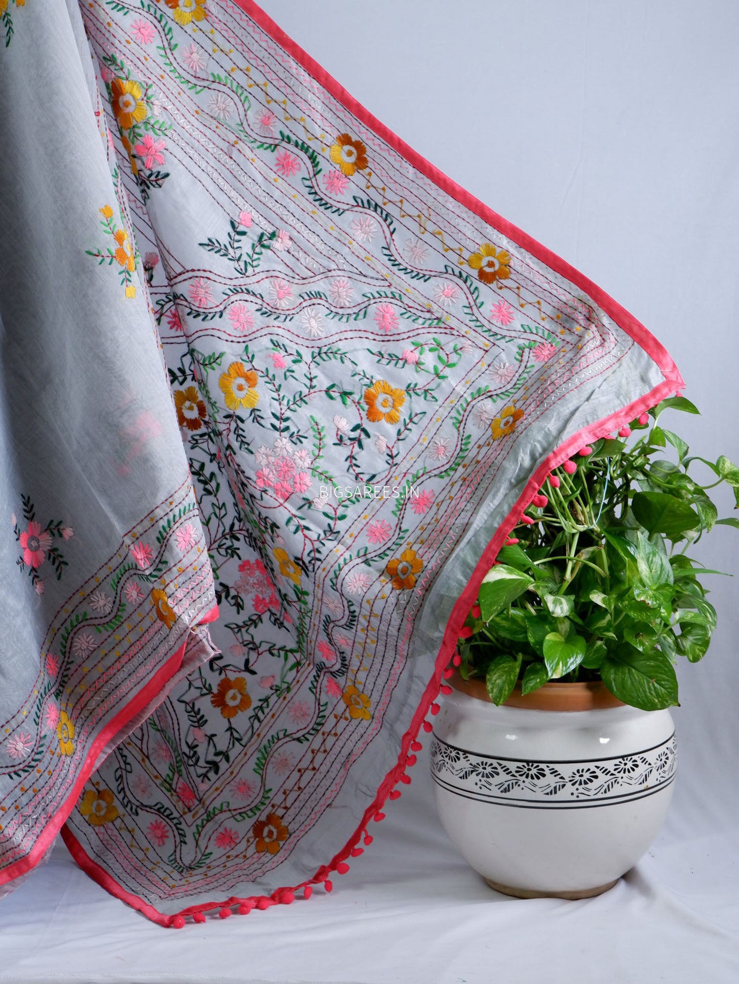 Phulkari Hand-Embroidered Saree | Chanderi Silk | Grey