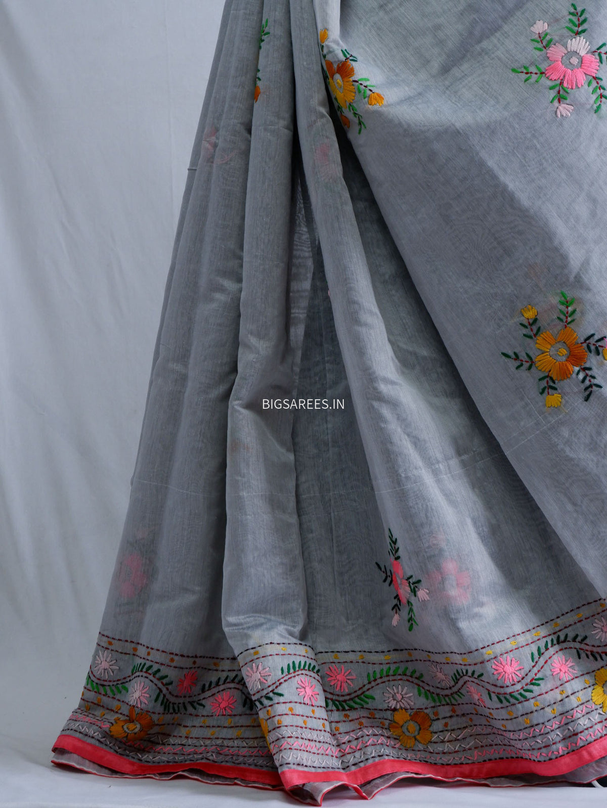 Phulkari Hand-Embroidered Saree | Chanderi Silk | Grey