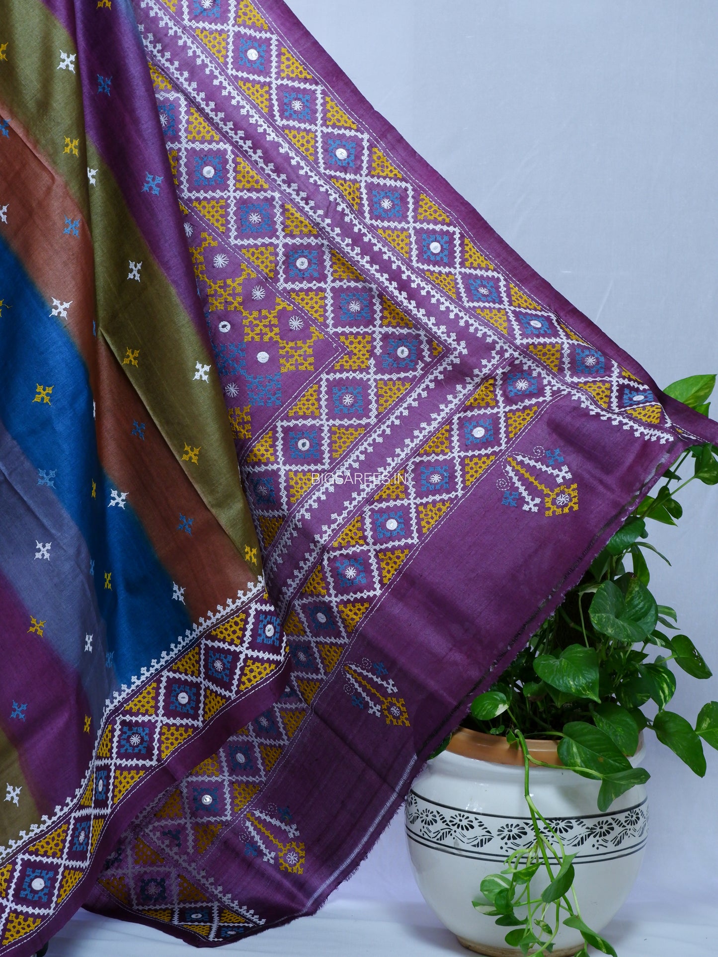Kutchi Hand Embroidered Saree | Pure Tassar Silk | Silk Marked | Multicolor