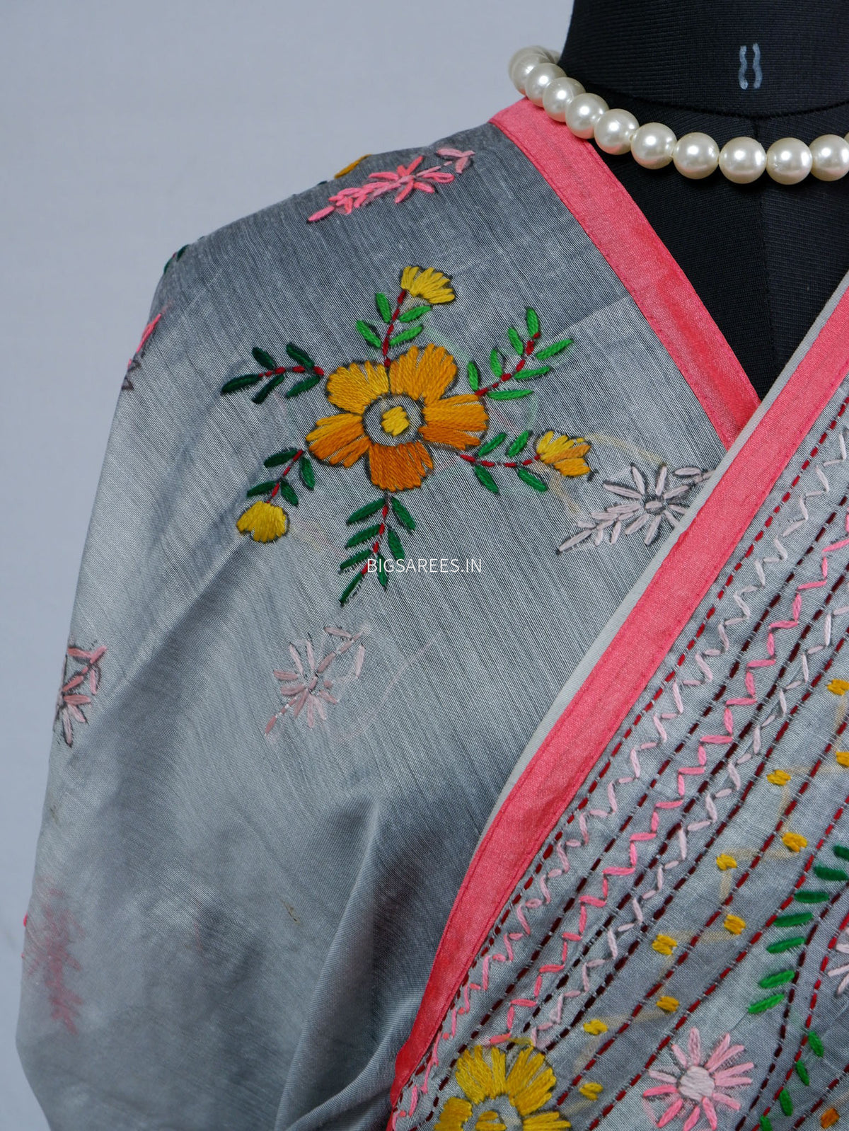 Phulkari Hand-Embroidered Saree | Chanderi Silk | Grey