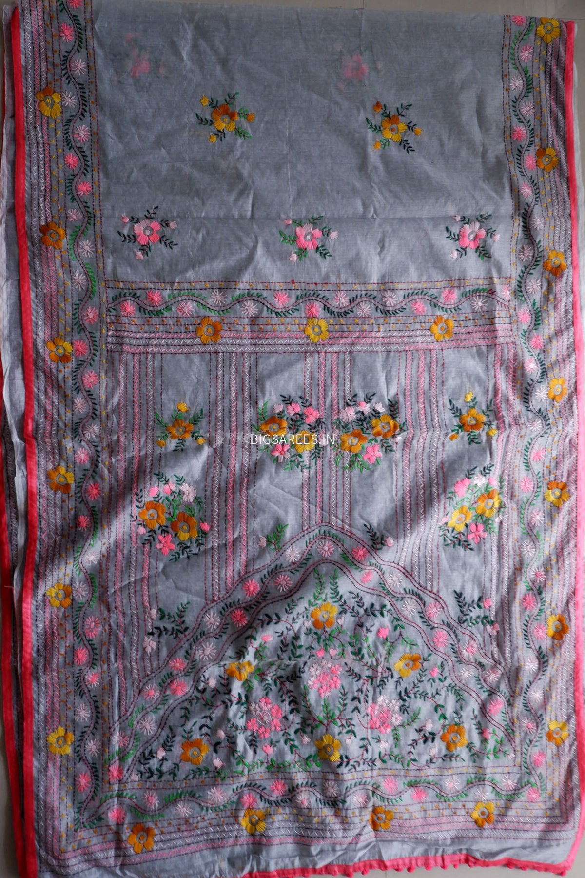 Phulkari Hand-Embroidered Saree | Chanderi Silk | Grey