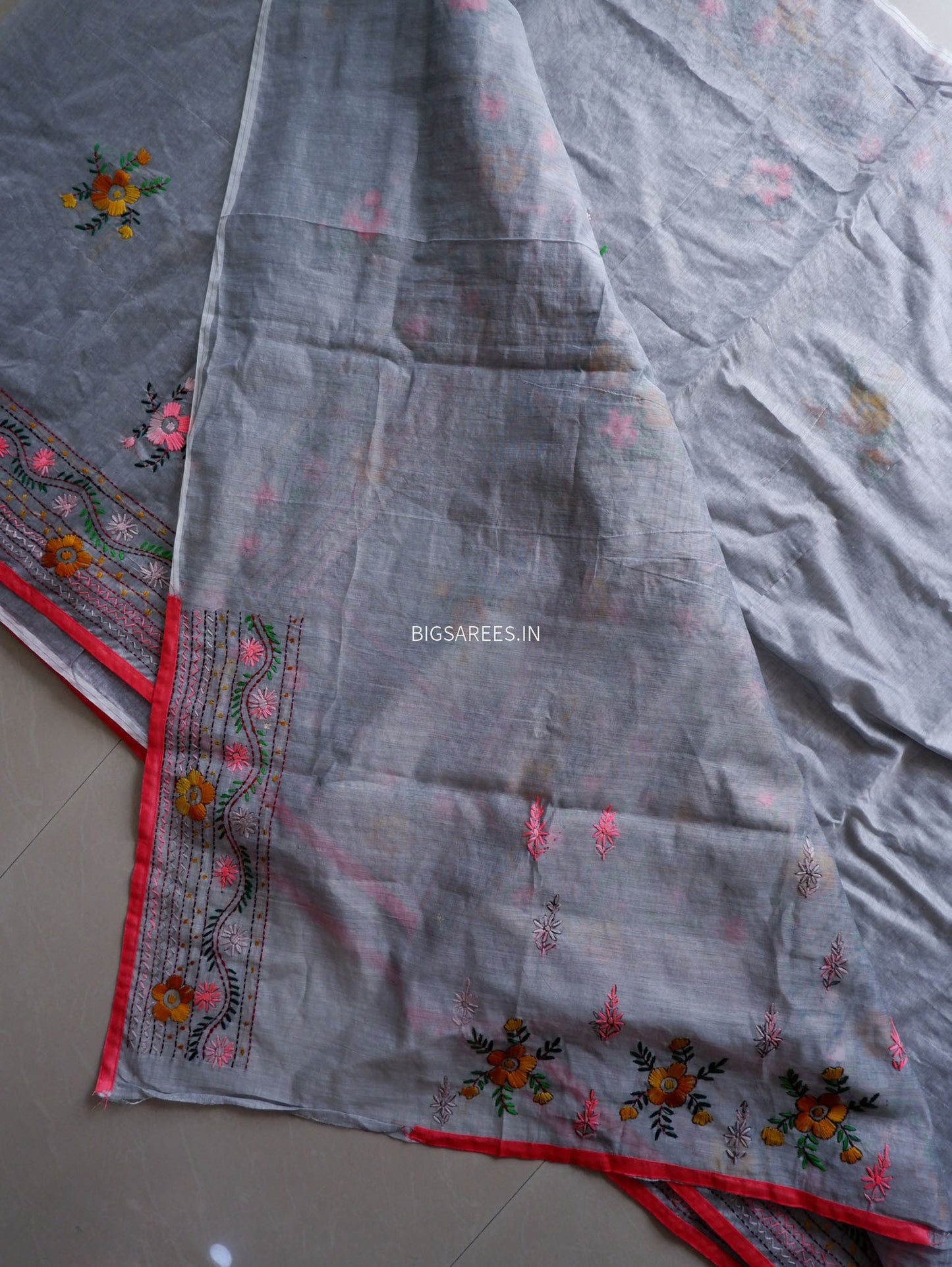 Phulkari Hand-Embroidered Saree | Chanderi Silk | Grey