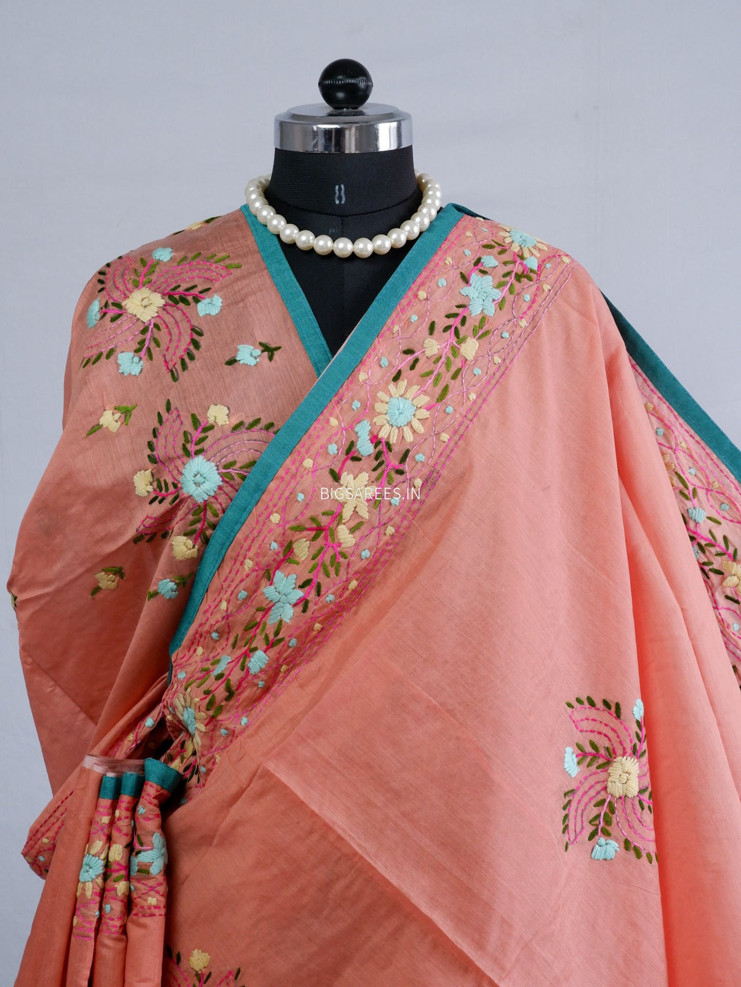 Phulkari Hand-Embroidered Saree | Chanderi Silk | Peachy Pink