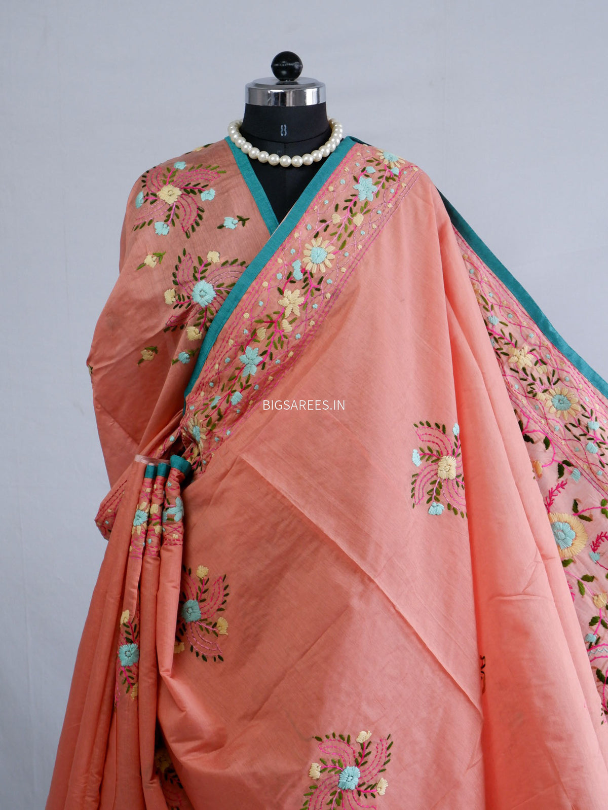 Phulkari Hand-Embroidered Saree | Chanderi Silk | Peachy Pink