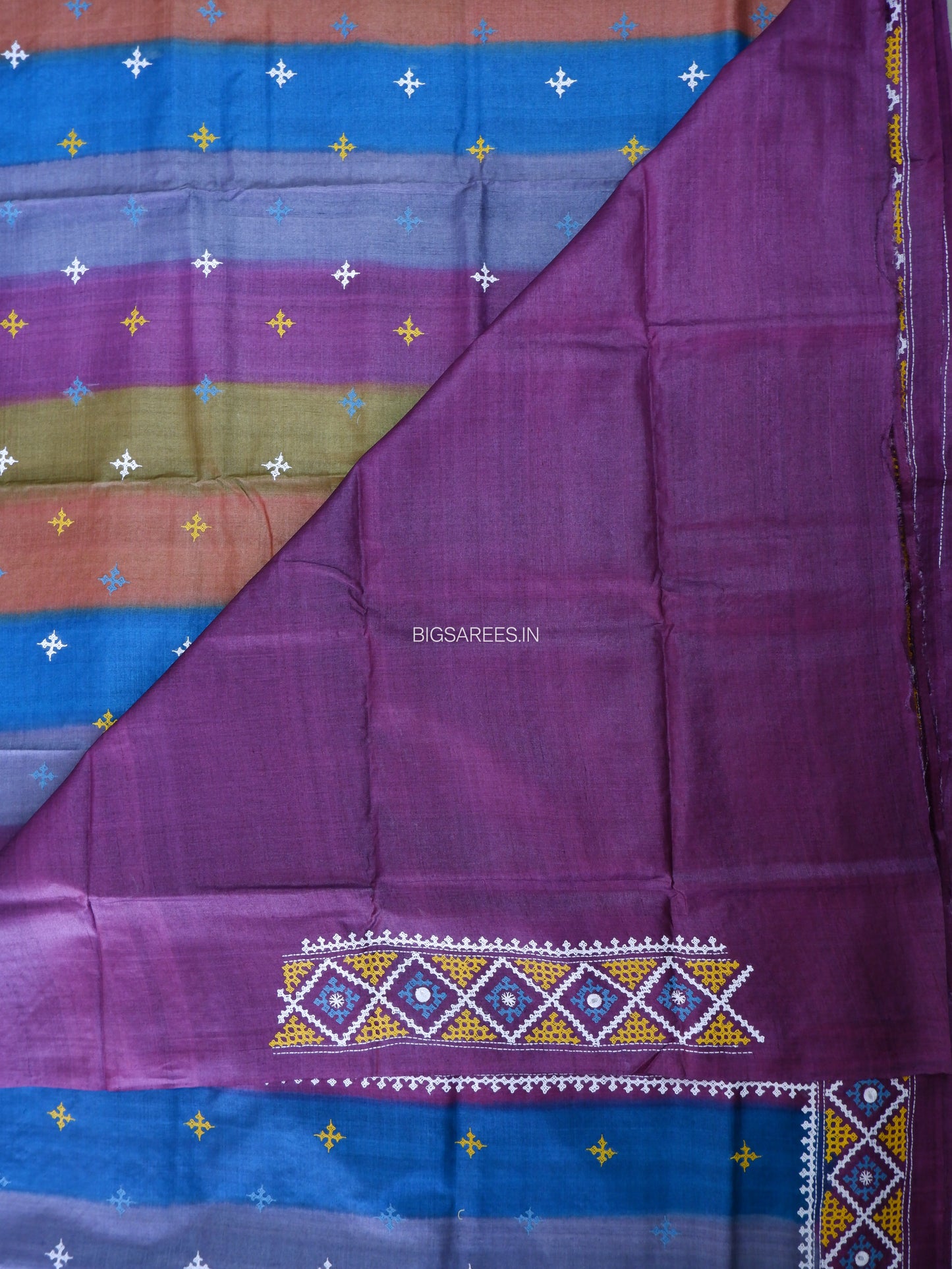 Kutchi Hand Embroidered Saree | Pure Tassar Silk | Silk Marked | Multicolor