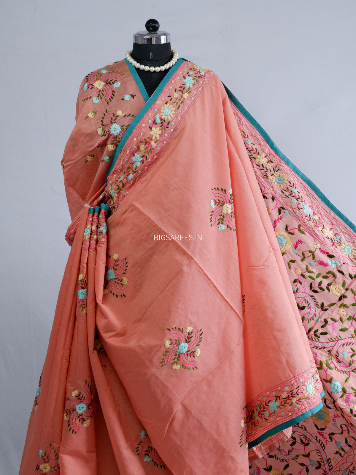 Phulkari Hand-Embroidered Saree | Chanderi Silk | Peachy Pink