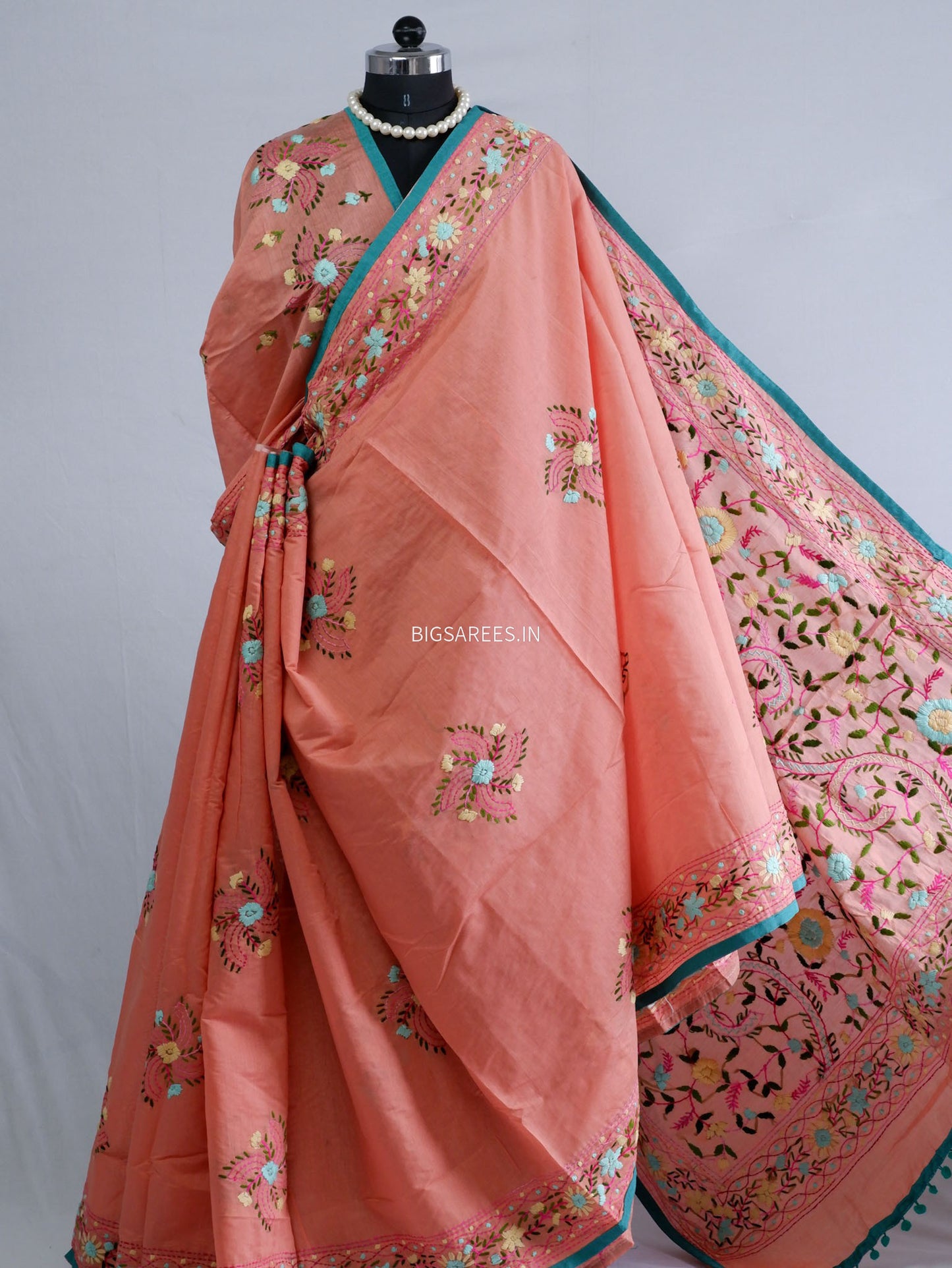 Phulkari Hand-Embroidered Saree | Chanderi Silk | Peachy Pink