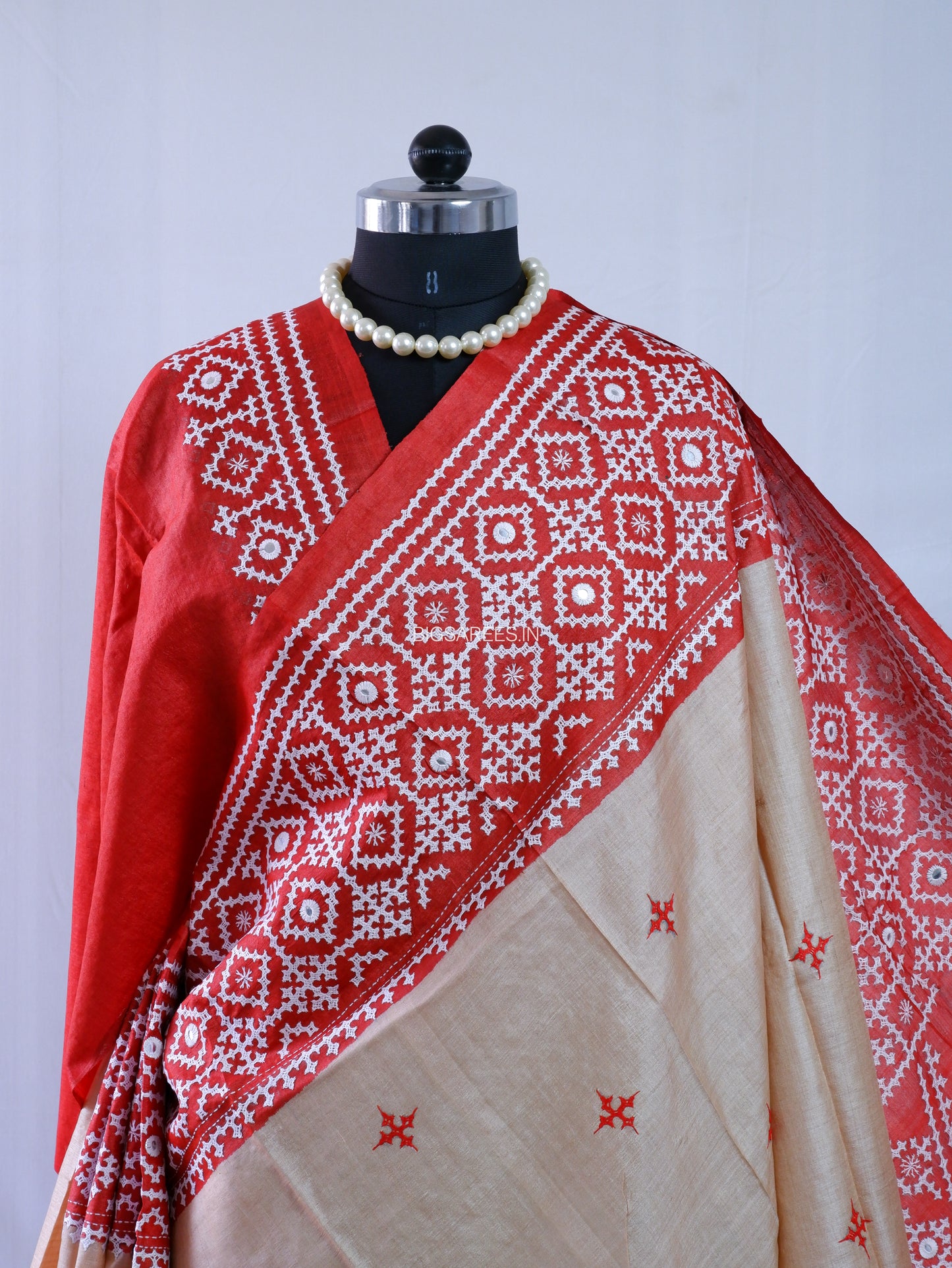 Kutchi Hand Embroidered Saree | Gachi Tassar Silk | Silk Marked | Red/Beige