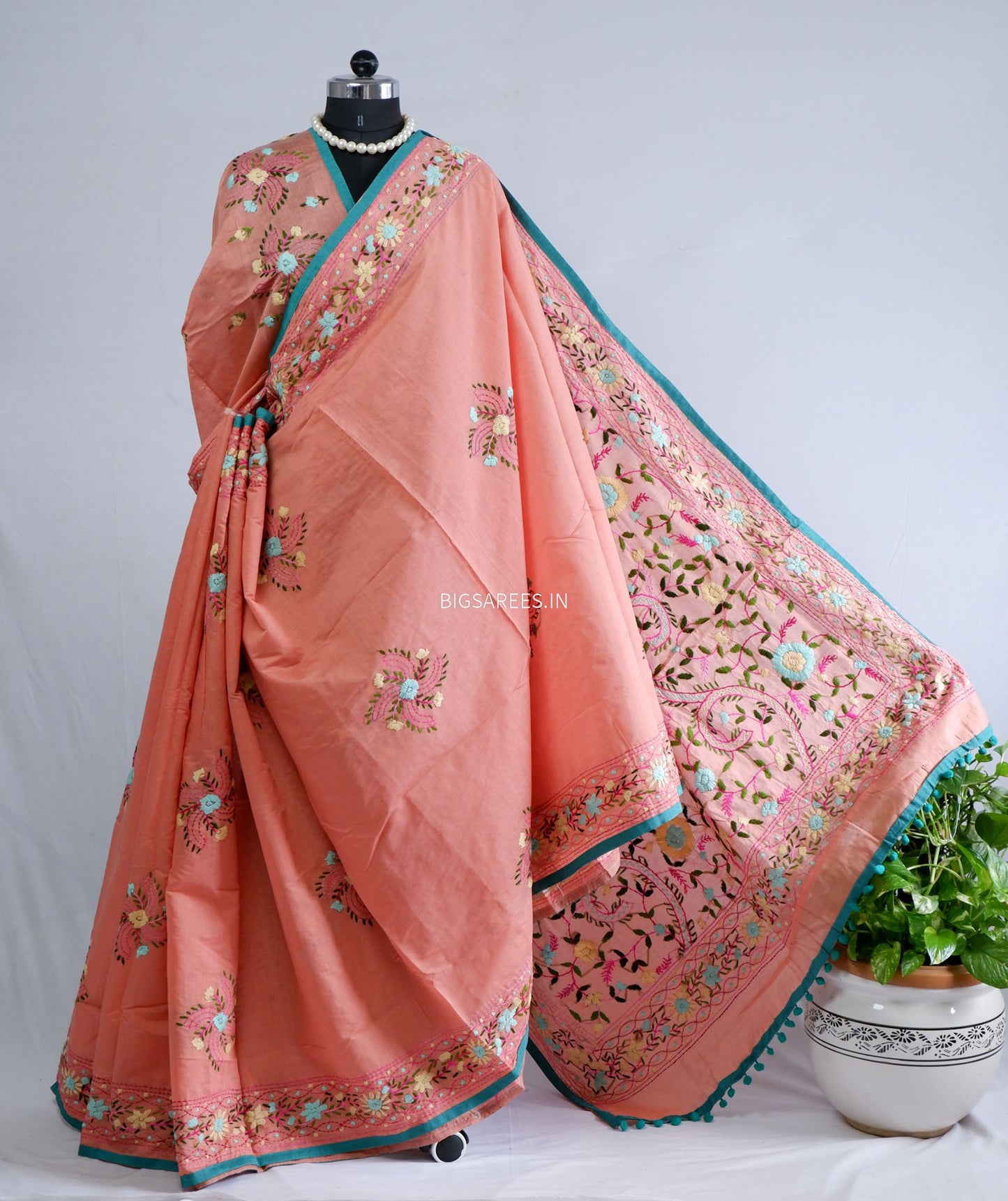 Phulkari Hand-Embroidered Saree | Chanderi Silk | Peachy Pink